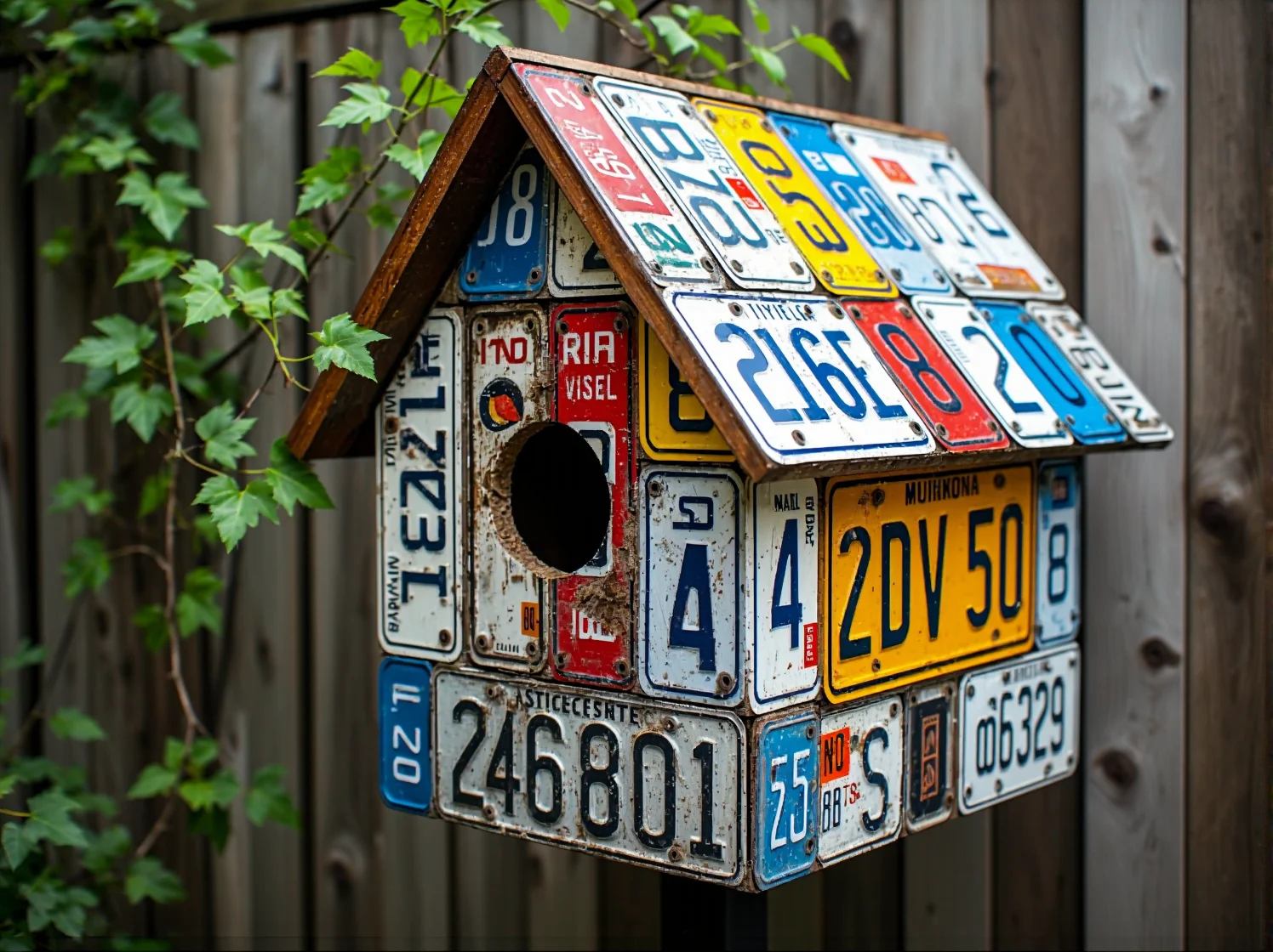 Aranżacja małego balkonu w stylu eko. Doniczki z puszek i składane drewniane krzesło z recyklingu.