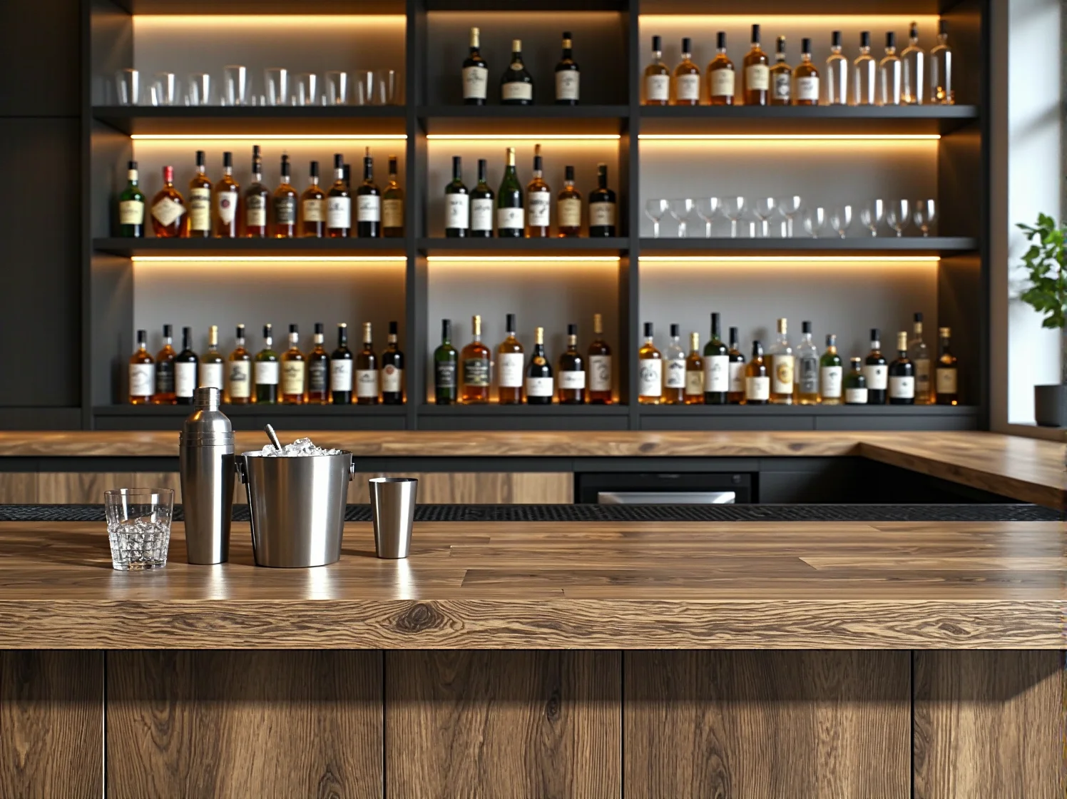 Aranżacja wnętrza industrialnego baru z widokiem na eleganckie, metalowe regały na alkohol.