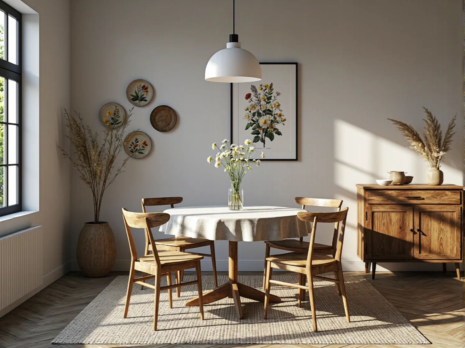 Aranżacja małej jadalni w stylu rustykalnym, stół i krzesła z drewna.