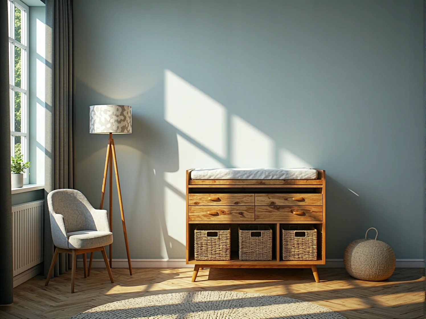 Ciepła i przytulna aranżacja pokoju niemowlaka w stylu retro z naturalnymi materiałami.