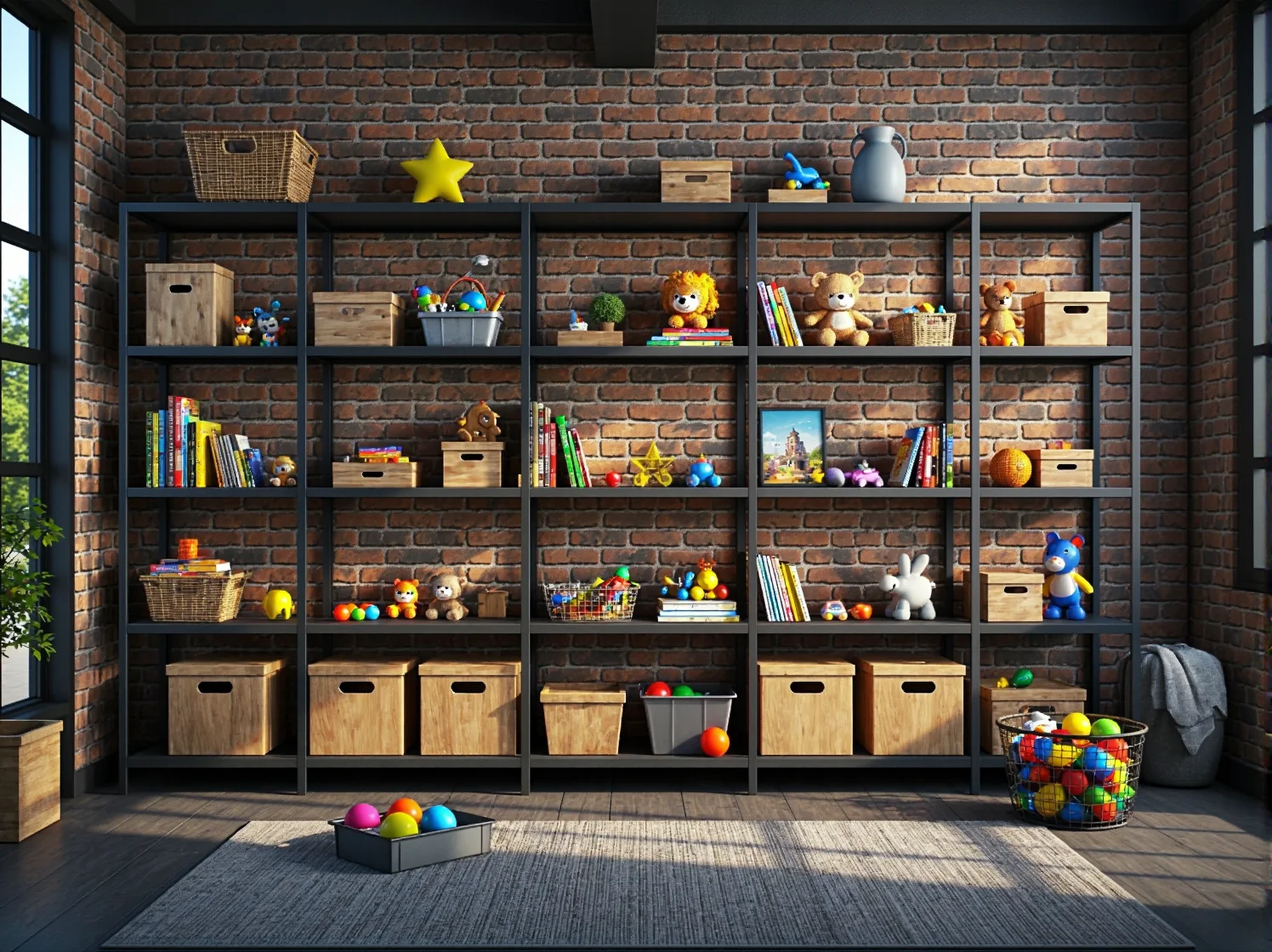 Aranżacja przestrzeni dziecięcej w stylu industrialnym z bezpiecznymi, metalowymi dodatkami i dekoracjami.