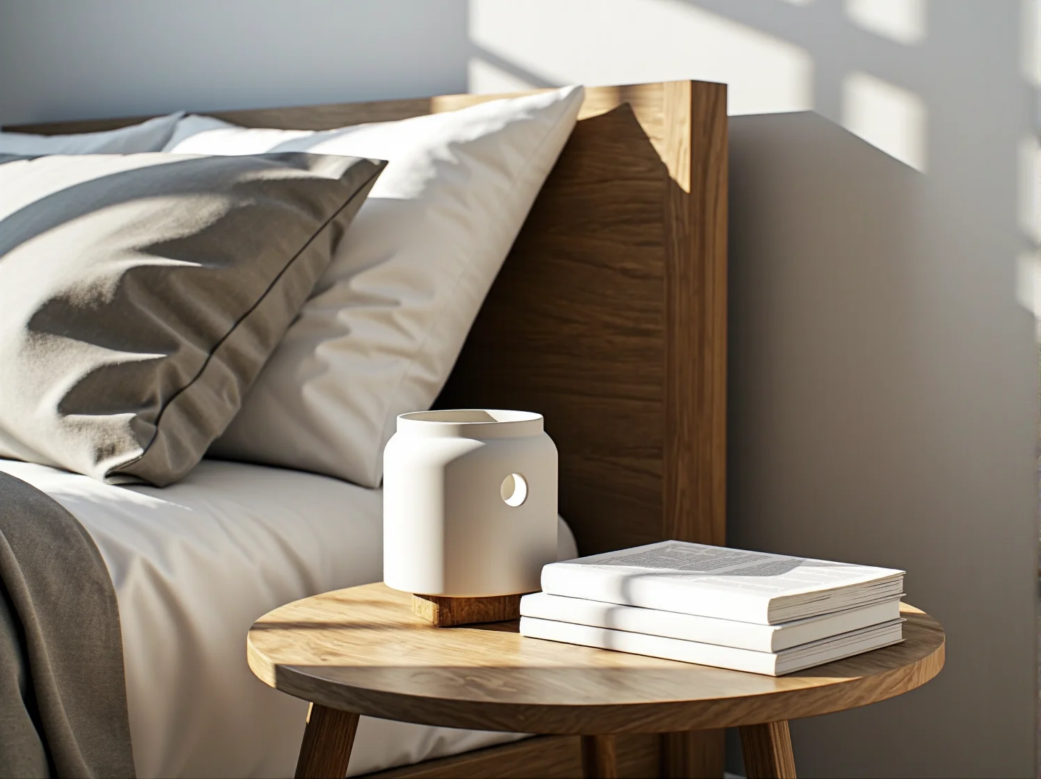 Przytulna aranżacja sypialni z łóżkiem skandynawskim i szarymi dodatkami