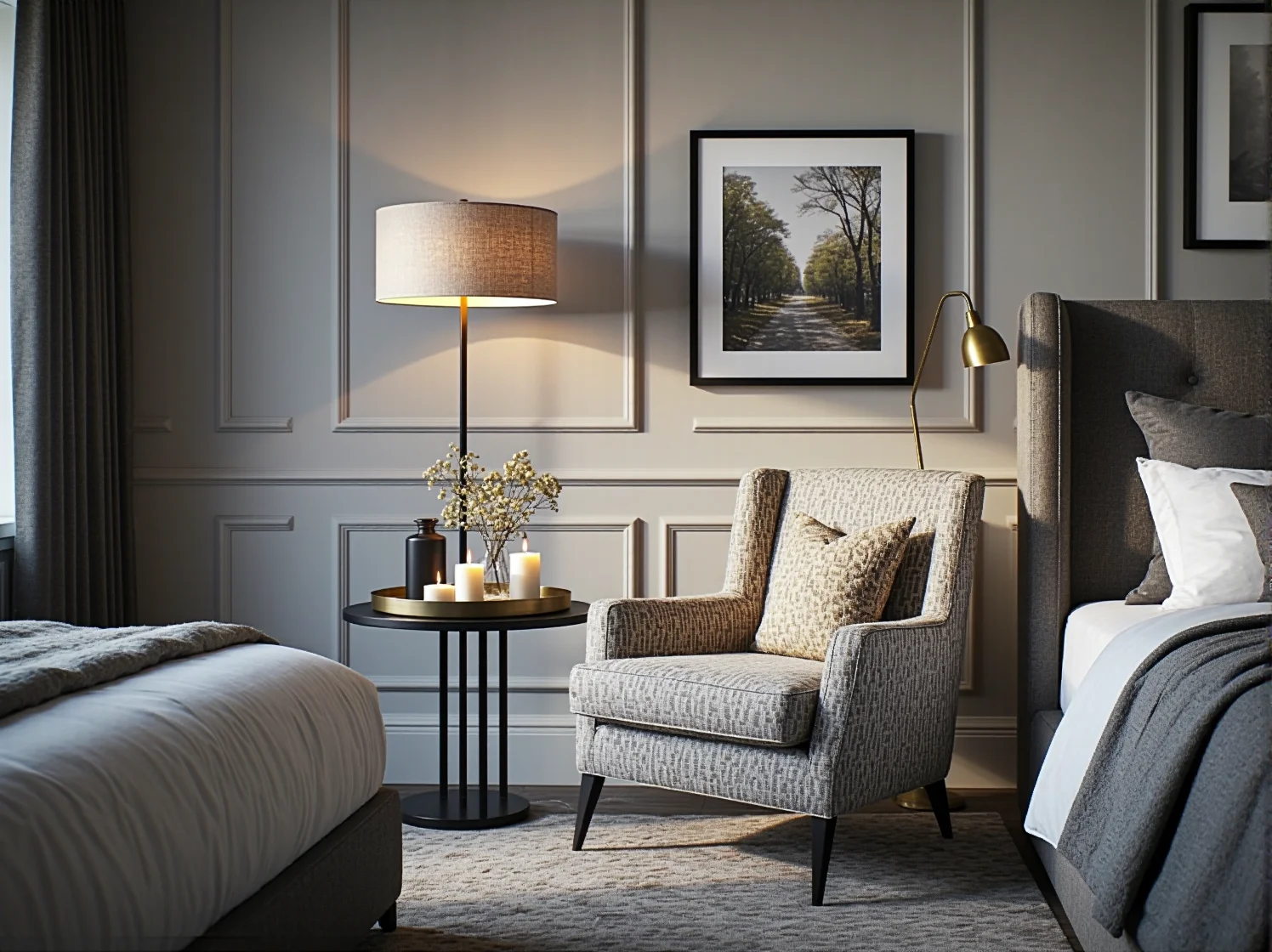 Aranżacja sypialni modern classic z dużym, komfortowym łóżkiem, stylowymi szafkami nocnymi i eleganckimi lampami.