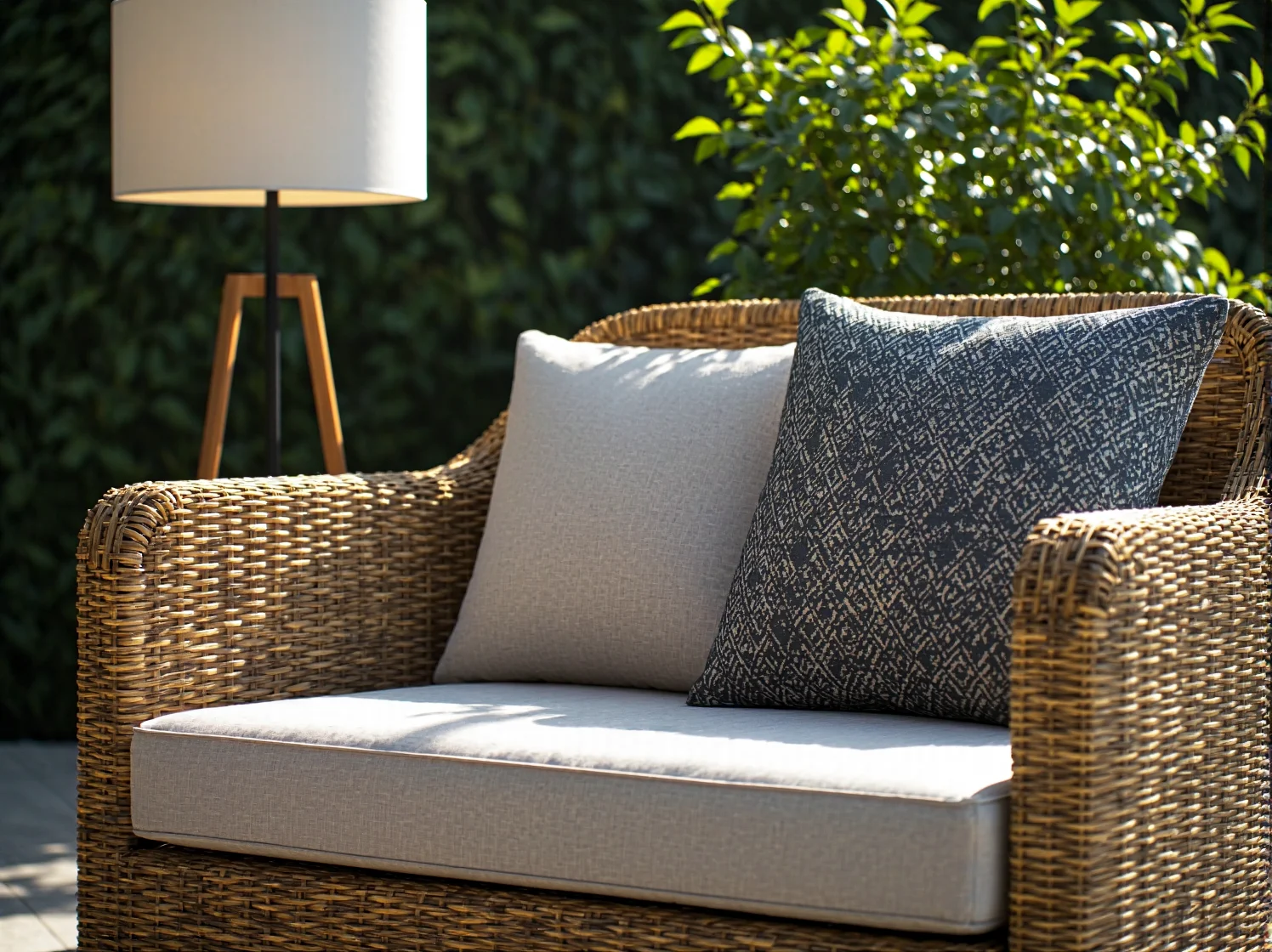 Egzotyczne lampy bambusowe wiszące nad letnim tarasem w otoczeniu roślin.