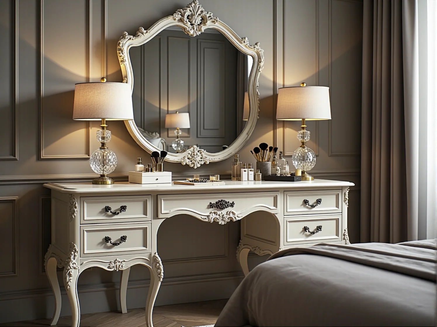 Biała komoda glamour na wysoki połysk ze srebrnymi detalami w luksusowym wnętrzu