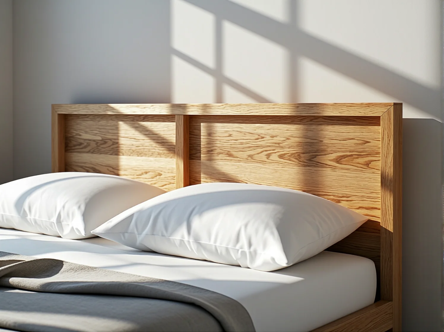 Białe łóżko skandynawskie z pościelą z lnu w prostej aranżacji sypialni