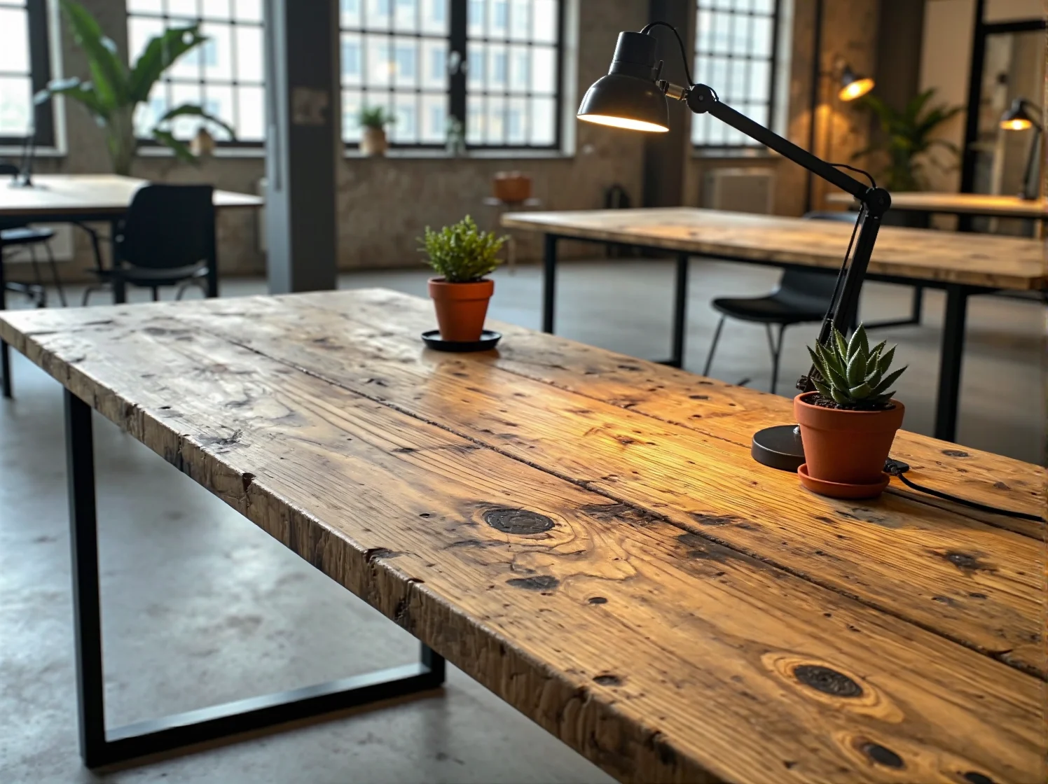 Biophilic design w przestrzeni coworkingowej – ściana z mchu oraz drewniane stanowiska pracy.