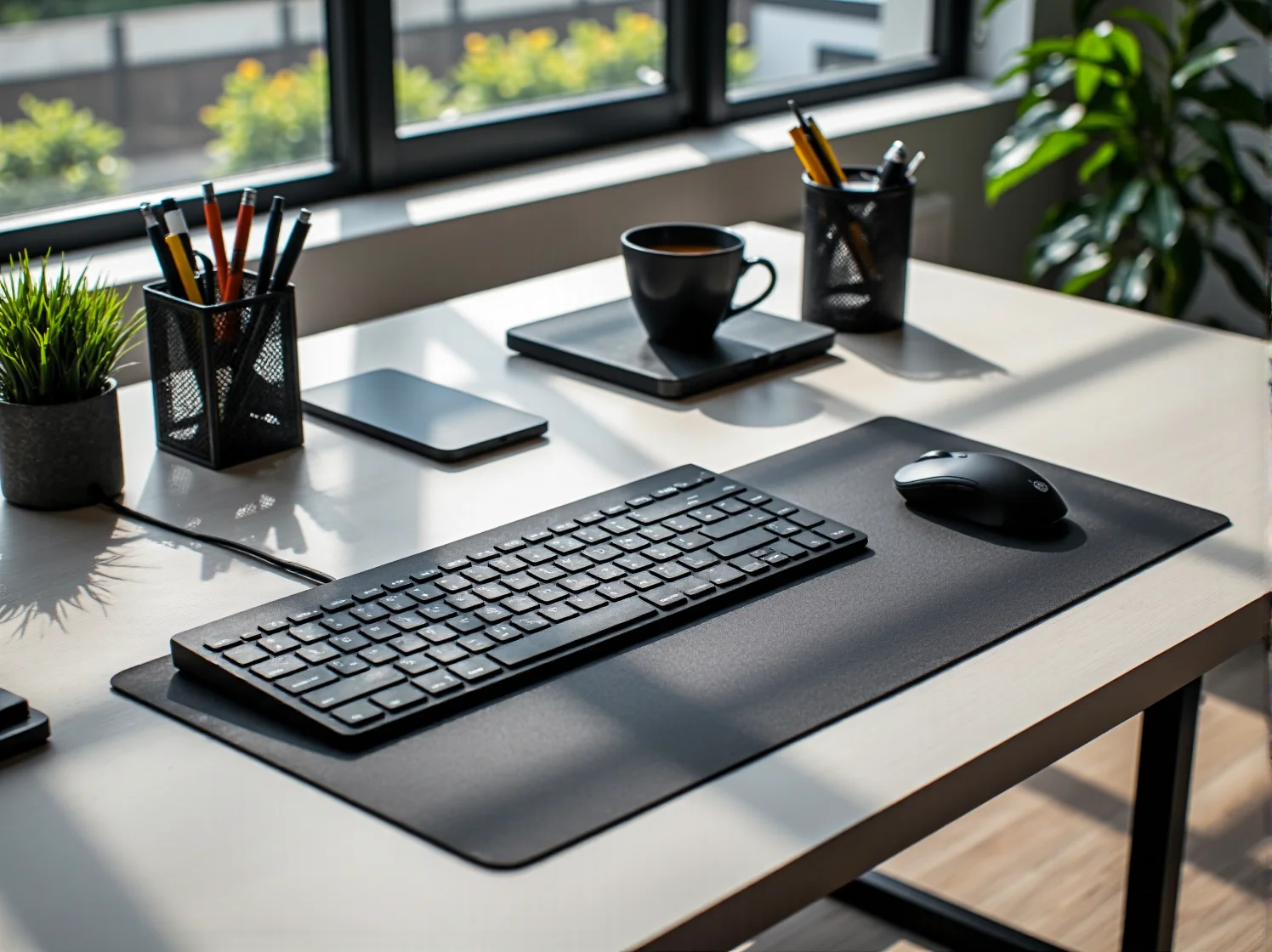 Nowoczesne stanowisko do pracy zdalnej z biurkiem o regulowanej wysokości i ergonomicznym fotelem.