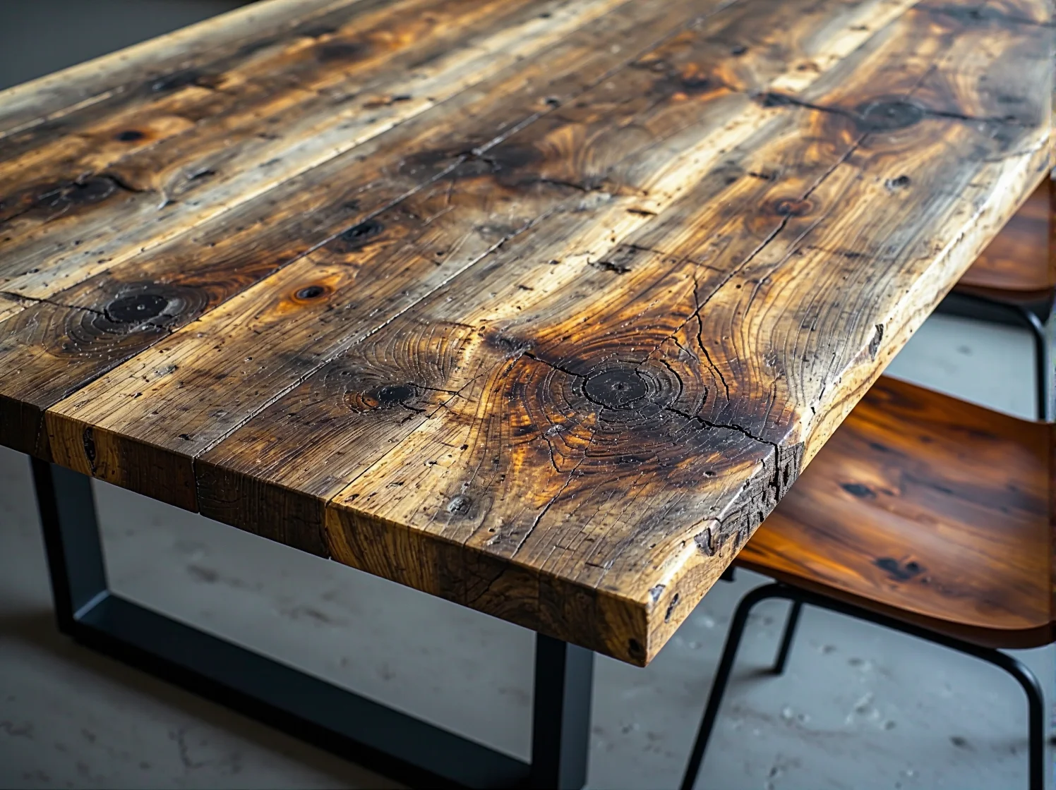 Detal blatu stołu z odzysku idealnie pasujący do loftowej jadalni z cegłą.
