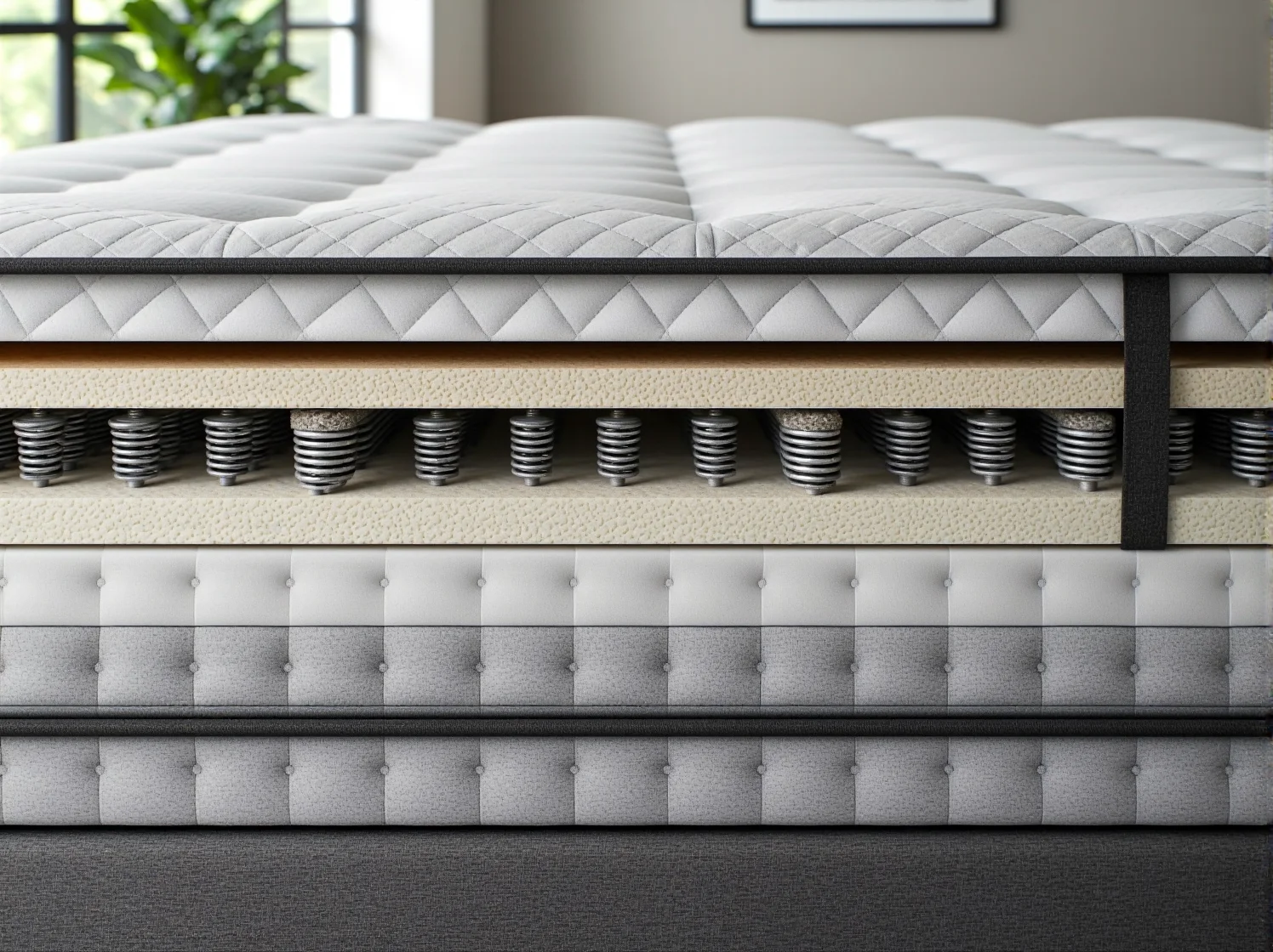 Przekrój materaca hybrydowego pokazujący warstwy: sprężyny kieszeniowe zapewniające wsparcie i piankę dla komfortu.