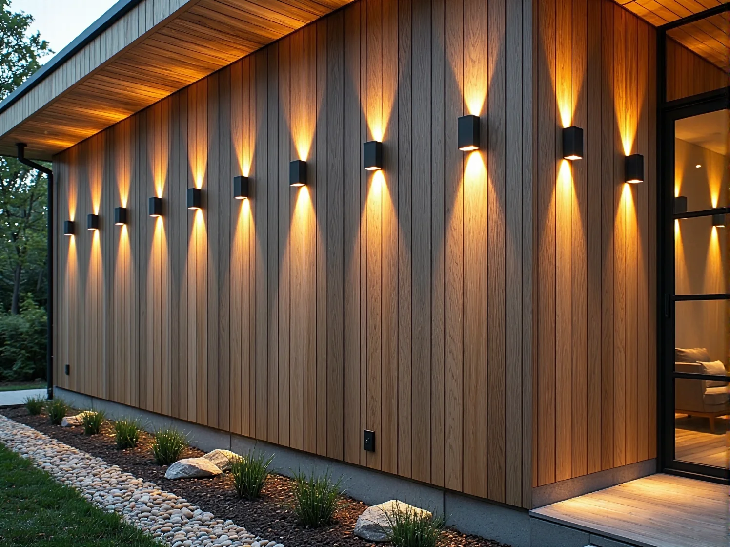 Oświetlenie elewacyjne o ciepłej barwie światła podkreślające strukturę drewna na ścianie.
