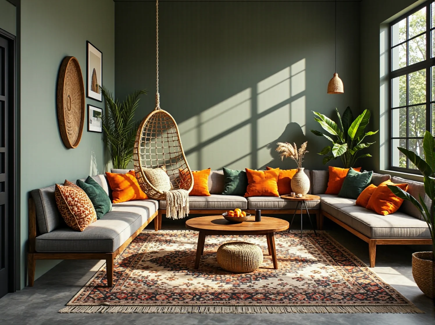 Zbliżenie na dekoracje w stylu boho w restauracji: makramy na ścianach, wzorzyste poduszki i dywany w etnicznym stylu.