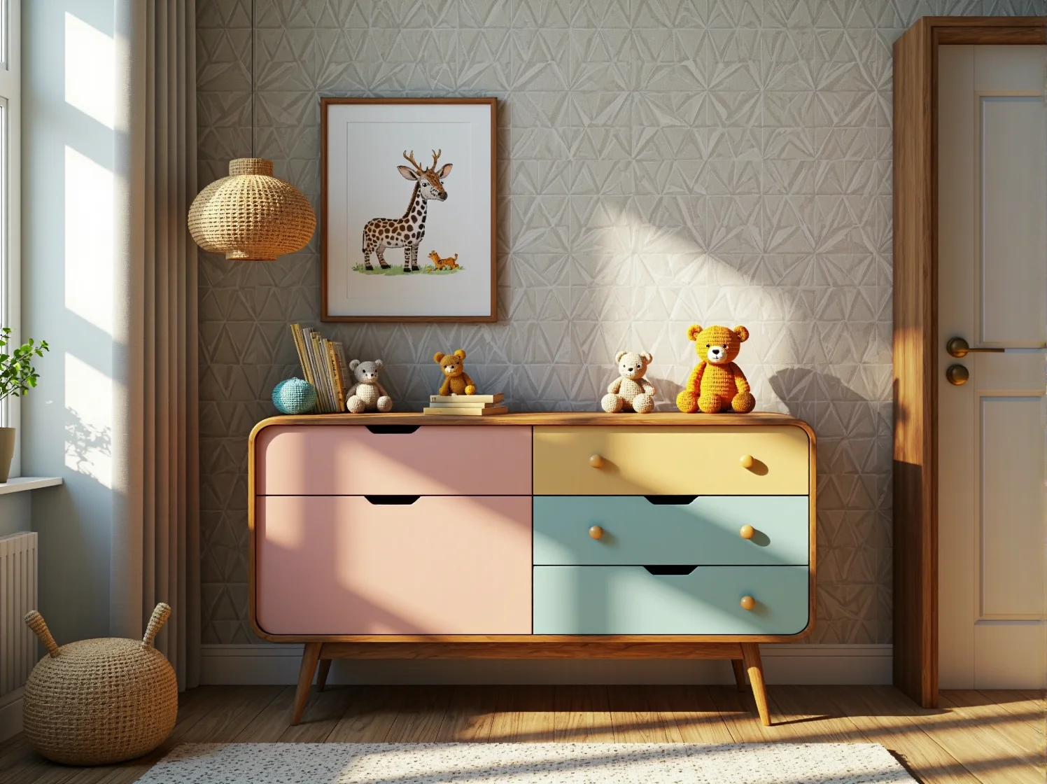 Urocze dekoracje w stylu retro do pokoju niemowlaka: plakaty vintage i girlandy.