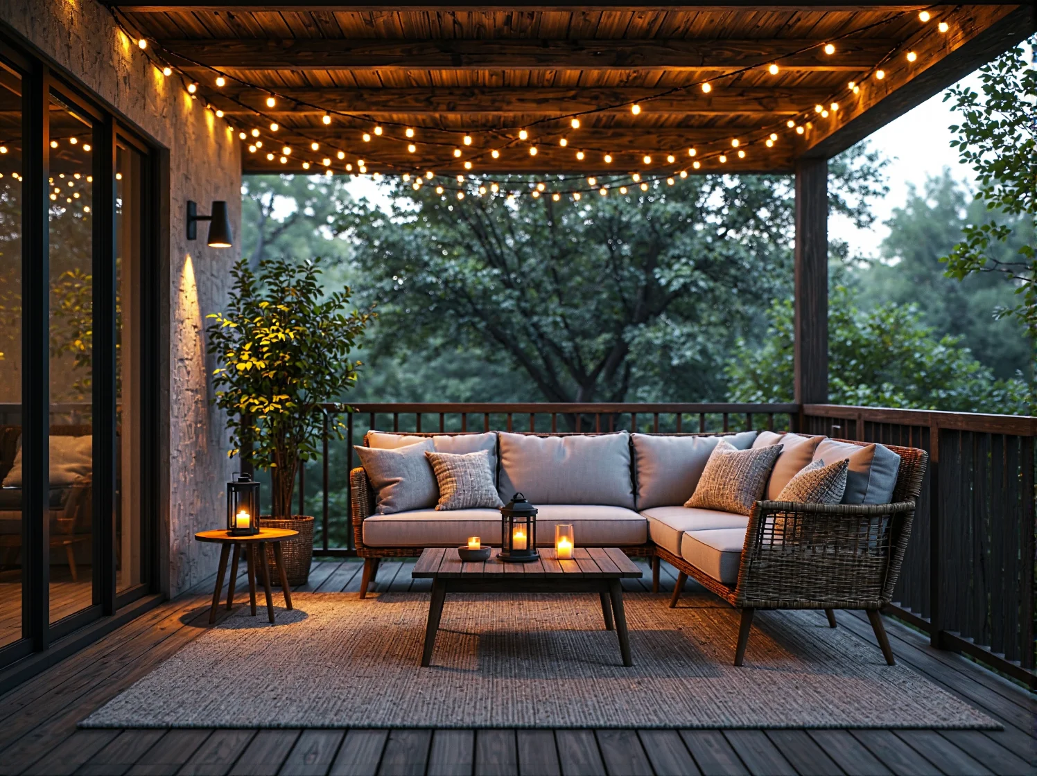 Przytulny kącik na balkonie w stylu rustykalnym z lampionami, roślinami i miękkimi poduszkami.