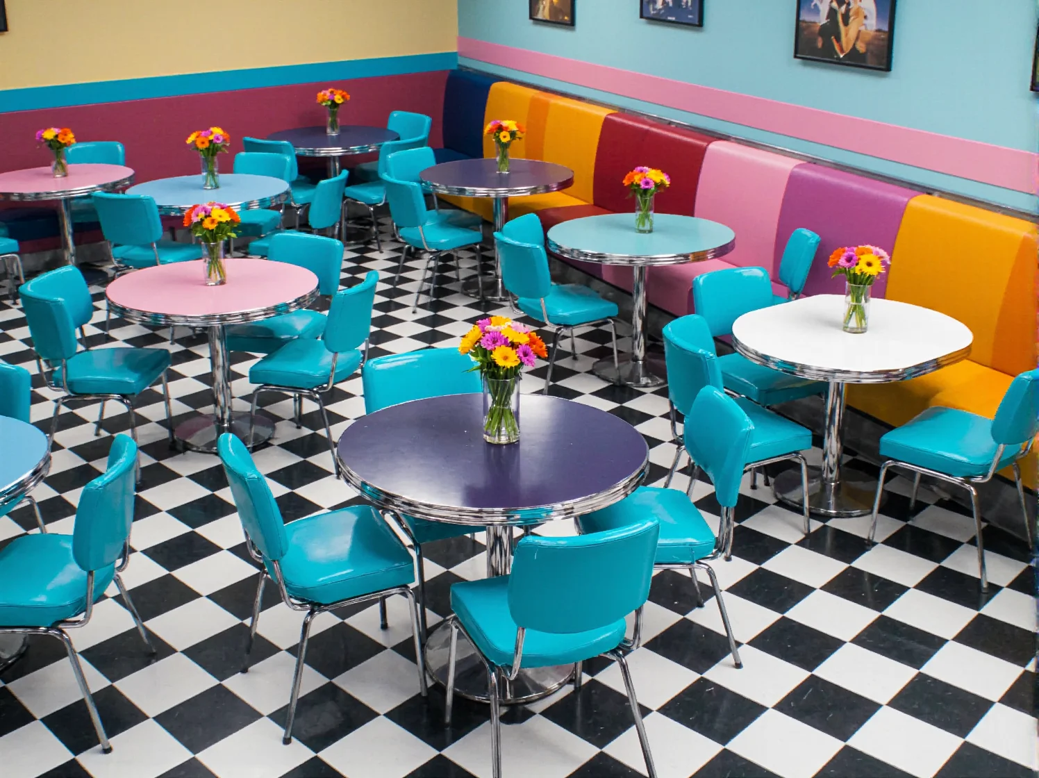 Drewniane stoły i krzesła w przytulnej kawiarni retro, podkreślające klimat vintage.