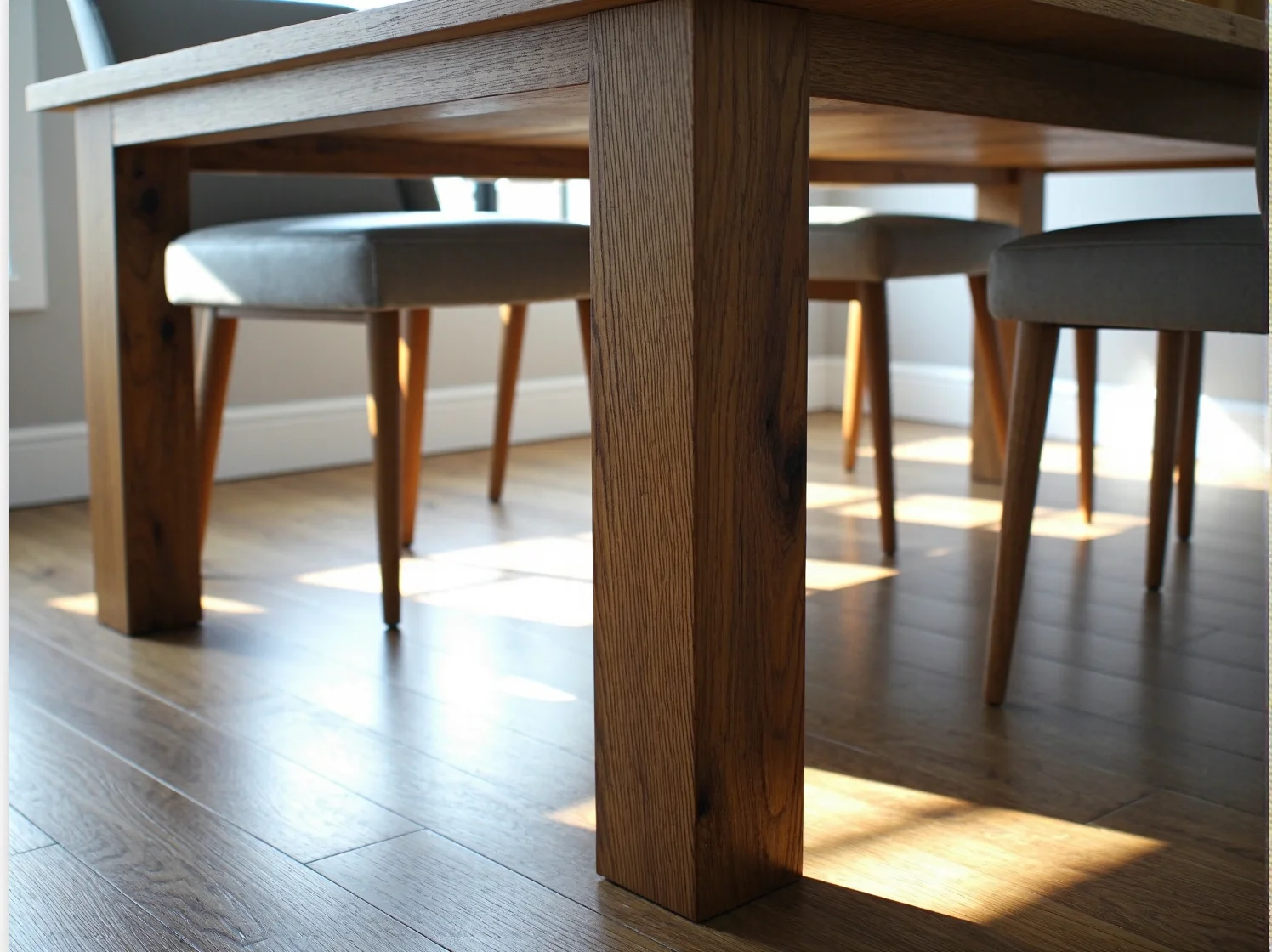 Zbliżenie na gładką powierzchnię odnowionego stołu, podkreślającą słoje drewna po lakierowaniu.