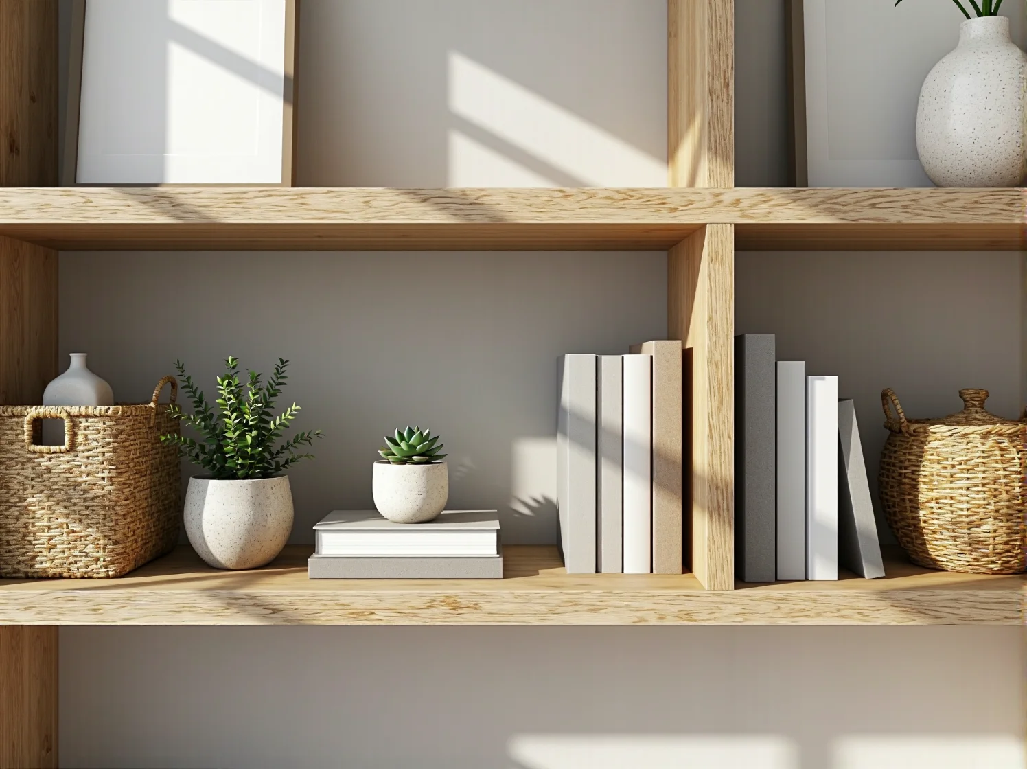 Zbliżenie na drewniany regał skandynawski z książkami i dekoracjami, idealny do coworkingu.