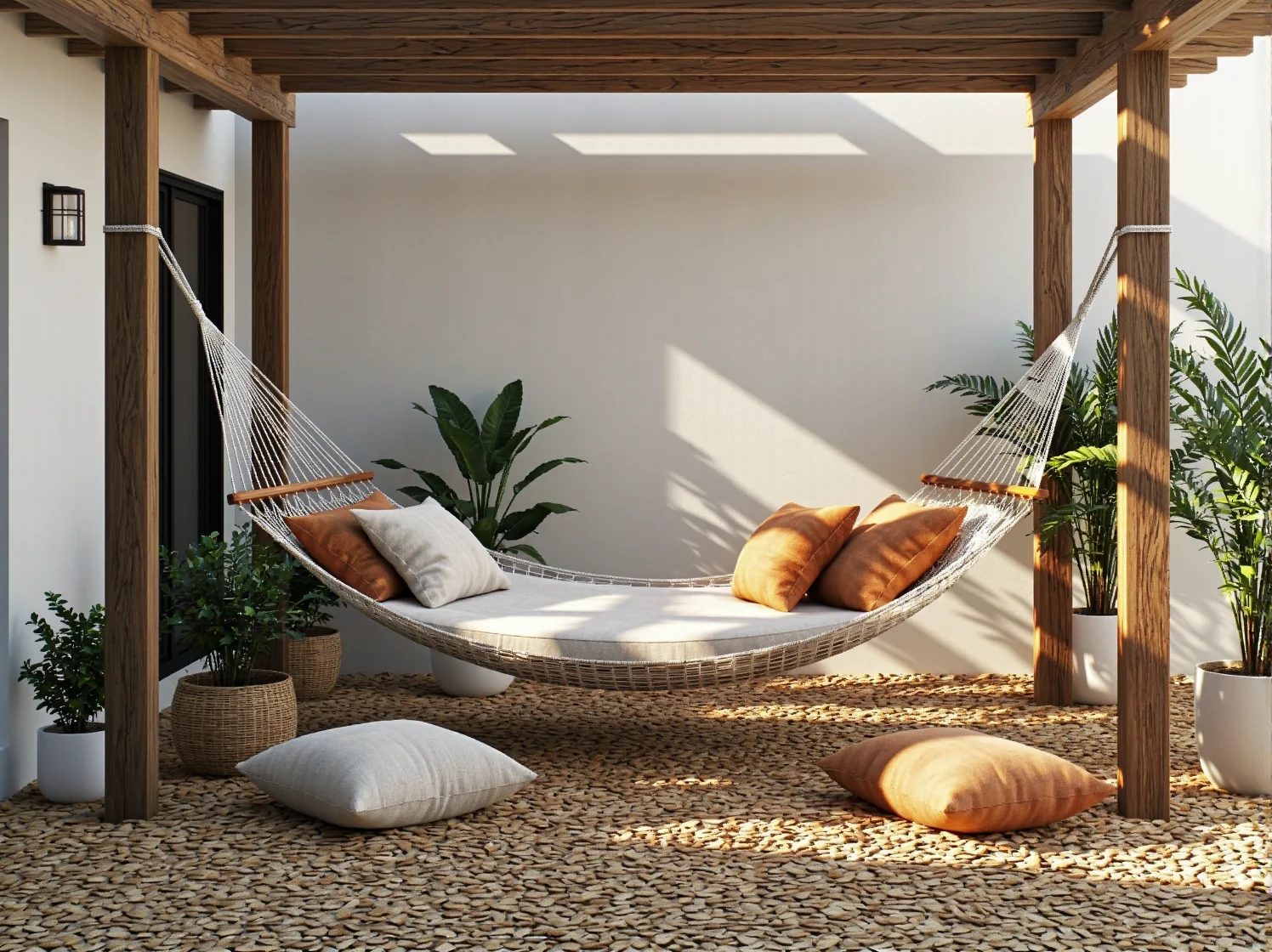 Stylowa strefa relaksu w ogrodzie z meblami z materiałów odnawialnych i naturalnymi dodatkami.