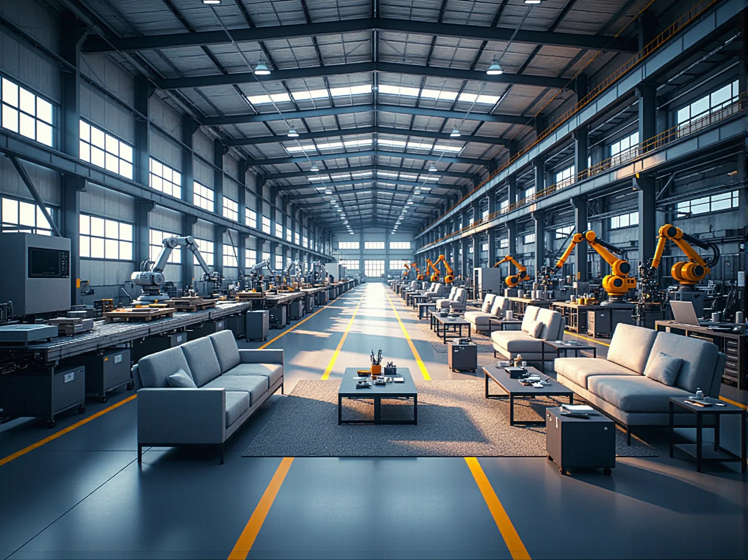 Nowoczesna fabryka mebli z robotami przemysłowymi i sofami