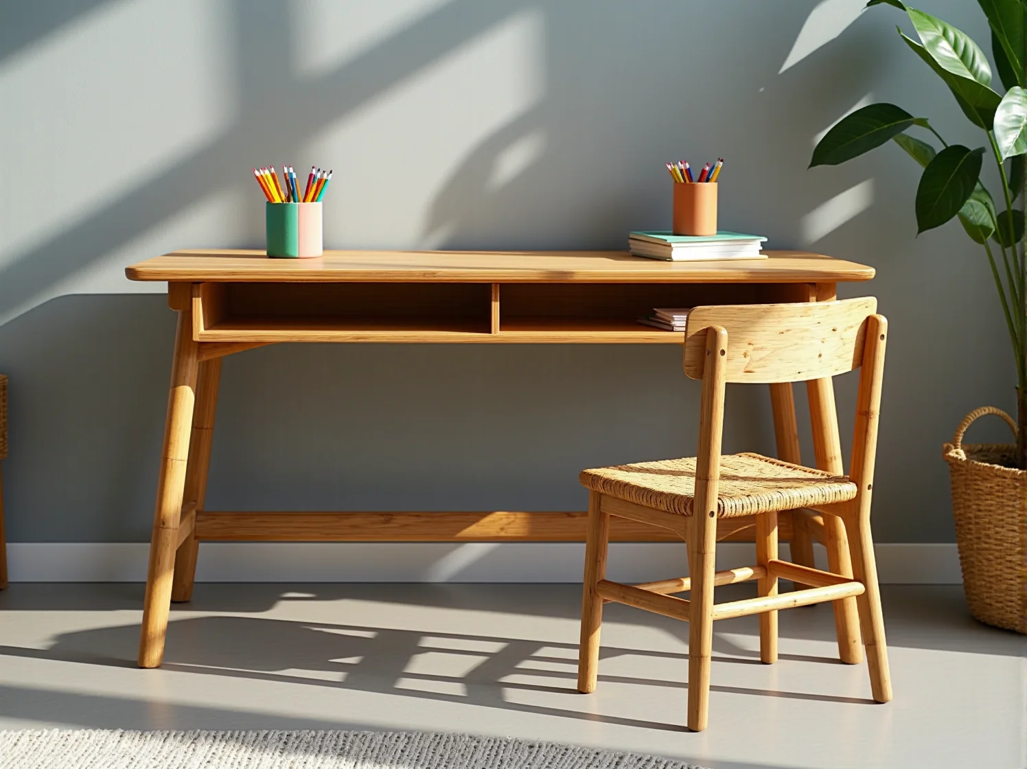 Ściana z korka i ekologiczne dodatki w nowoczesnym pokoju dziecięcym wspierające zdrowy klimat.