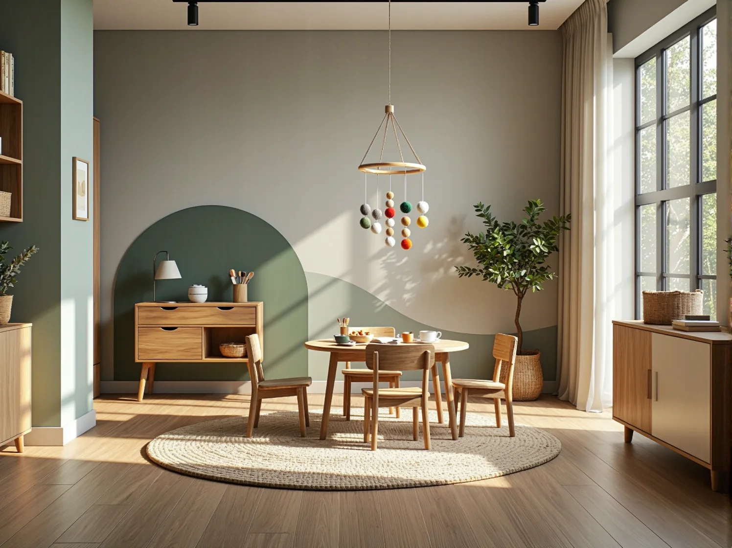 Kącik do zabawy w pokoju dziecięcym w stylu eco-friendly z meblami z recyklingu i dekoracjami z naturalnych materiałów.