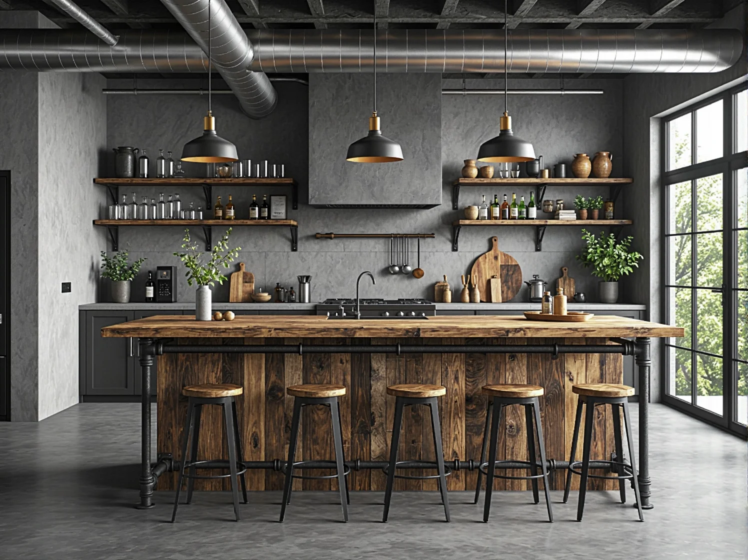 Ekologiczny stół kawowy z drewna z odzysku w minimalistycznym lofcie.