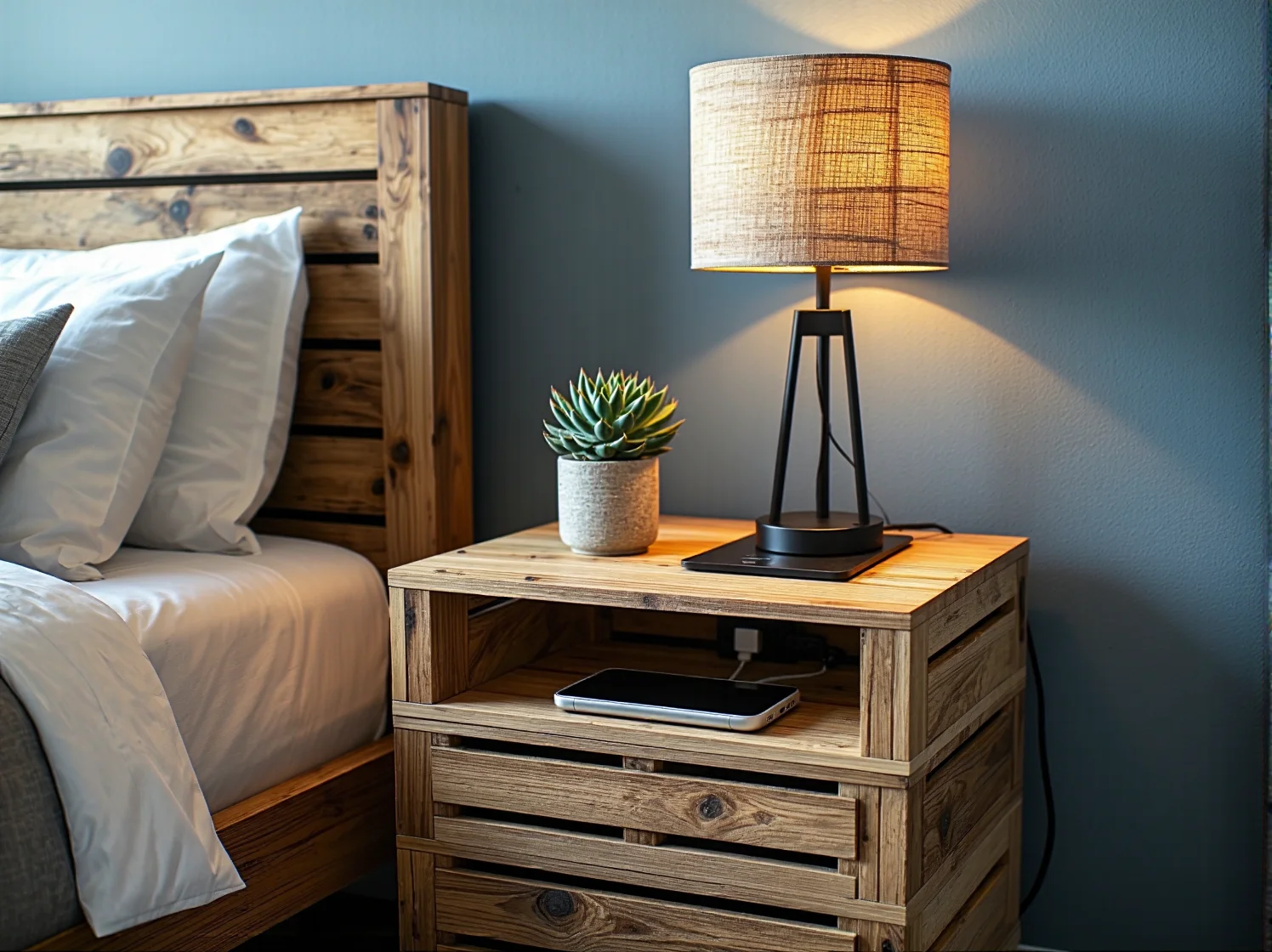 Elegancki pokój hotelowy wyposażony w meble z odzyskanego drewna, przykład zrównoważonego wnętrza.