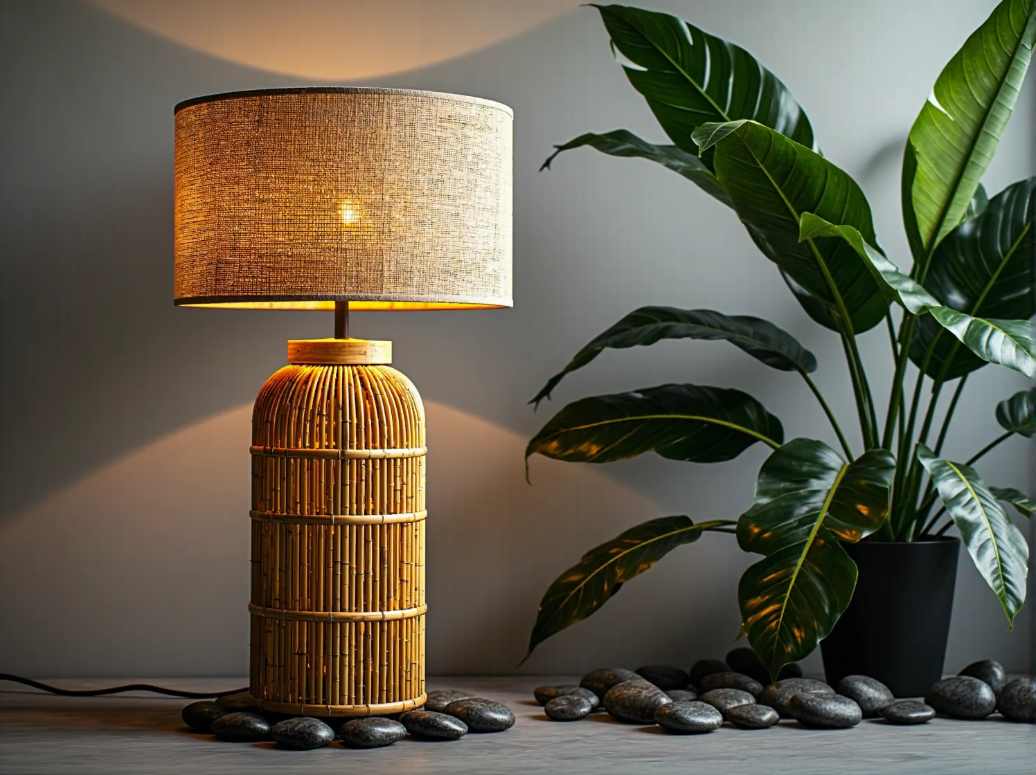 Nowoczesna lampa stojąca w otoczeniu palm i paproci w ogrodzie