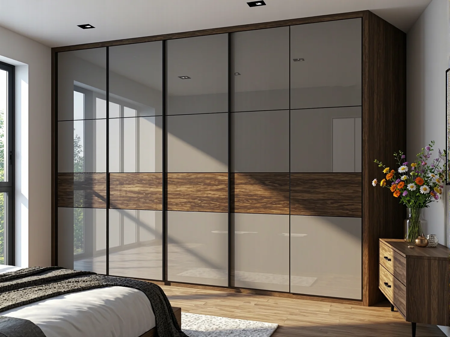 Elegancka szafa glamour z drzwiami przesuwnymi i lustrem powiększającym wnętrze.