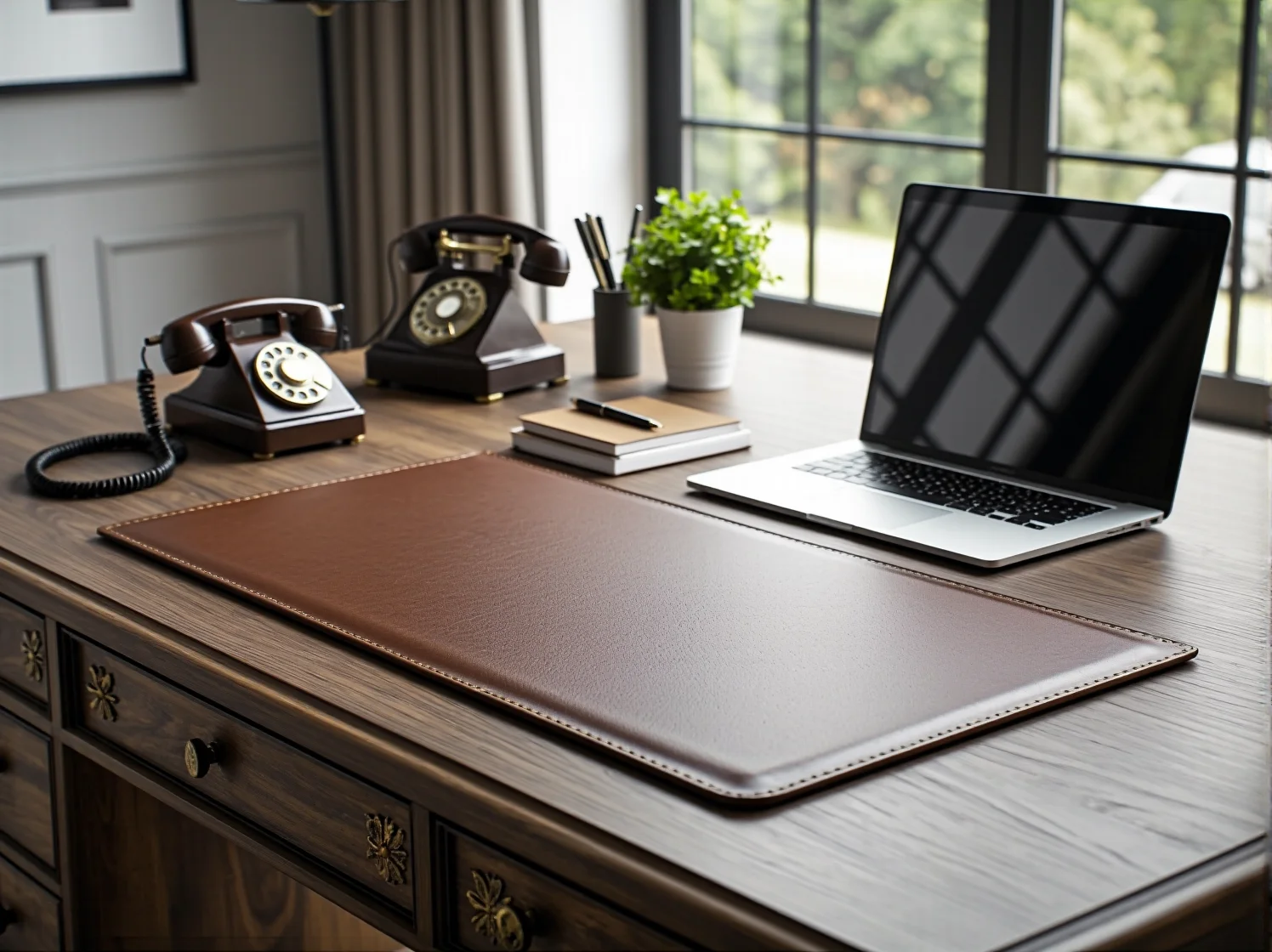 Aranżacja domowego biura modern classic: zbliżenie na biurko z laptopem i złotą lampą.