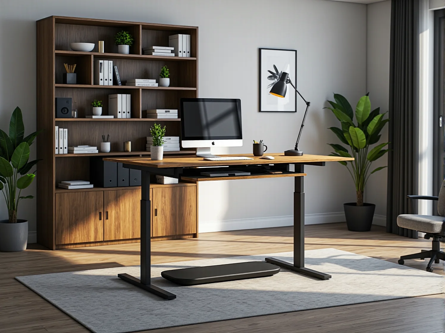 Mężczyzna pracujący na stojąco przy biurku regulowanym, co poprawia ergonomię pracy i zdrowie.