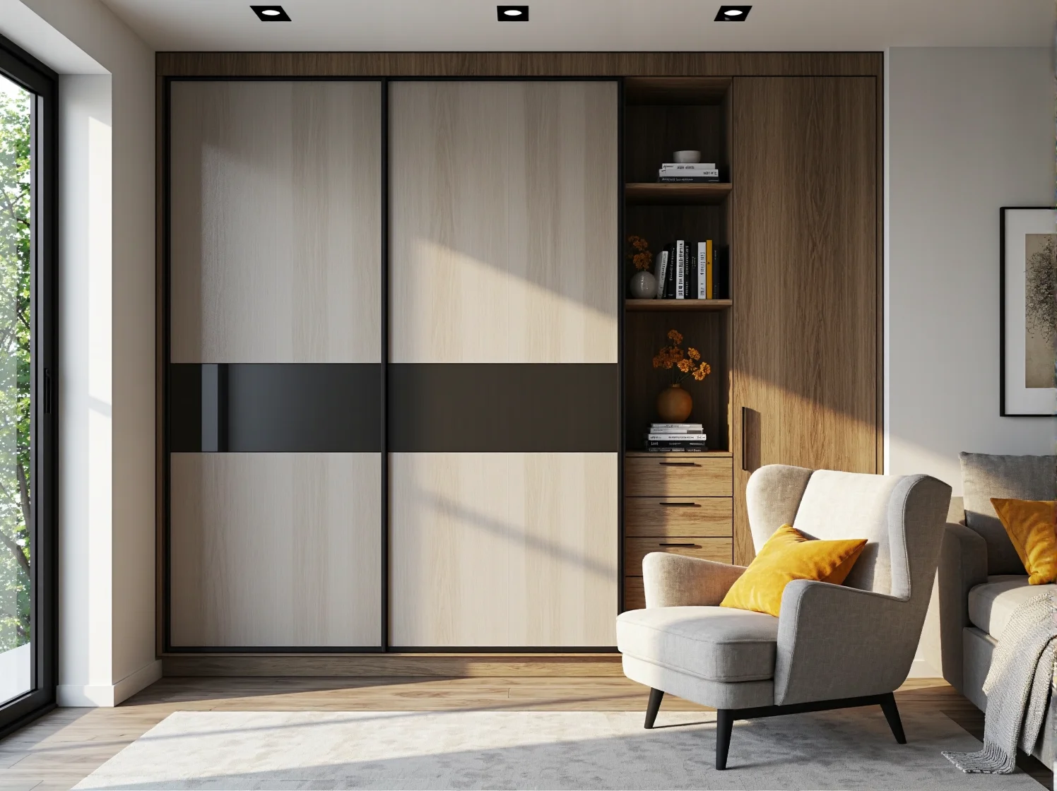 Zbliżenie na lustrzane drzwi szafy przesuwnej, które odbijają światło i dodają elegancji niewielkiemu wnętrzu.