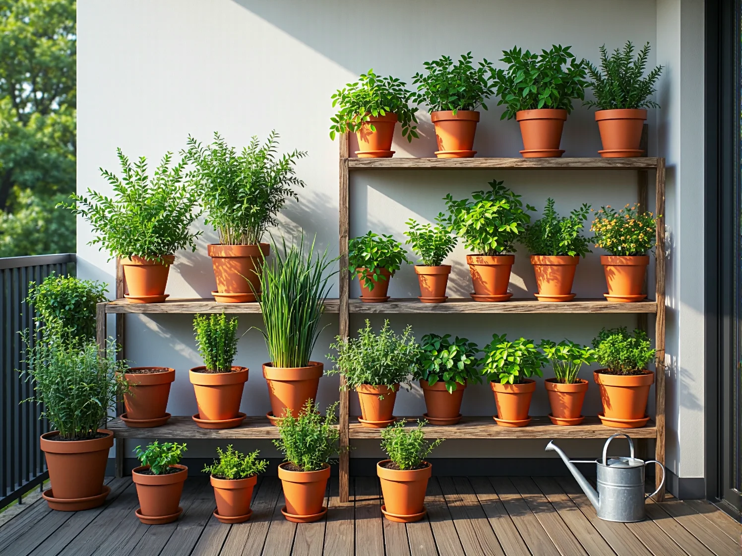 Funkcjonalne oświetlenie małego balkonu – girlanda świetlna LED rozpięta nad strefą wypoczynku.