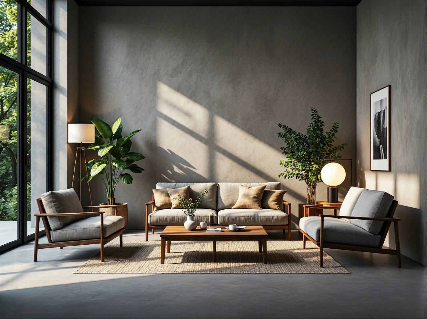 Girlanda świetlna z ozdobnymi żarówkami zawieszona nad strefą wypoczynku w ogrodzie w stylu hygge.