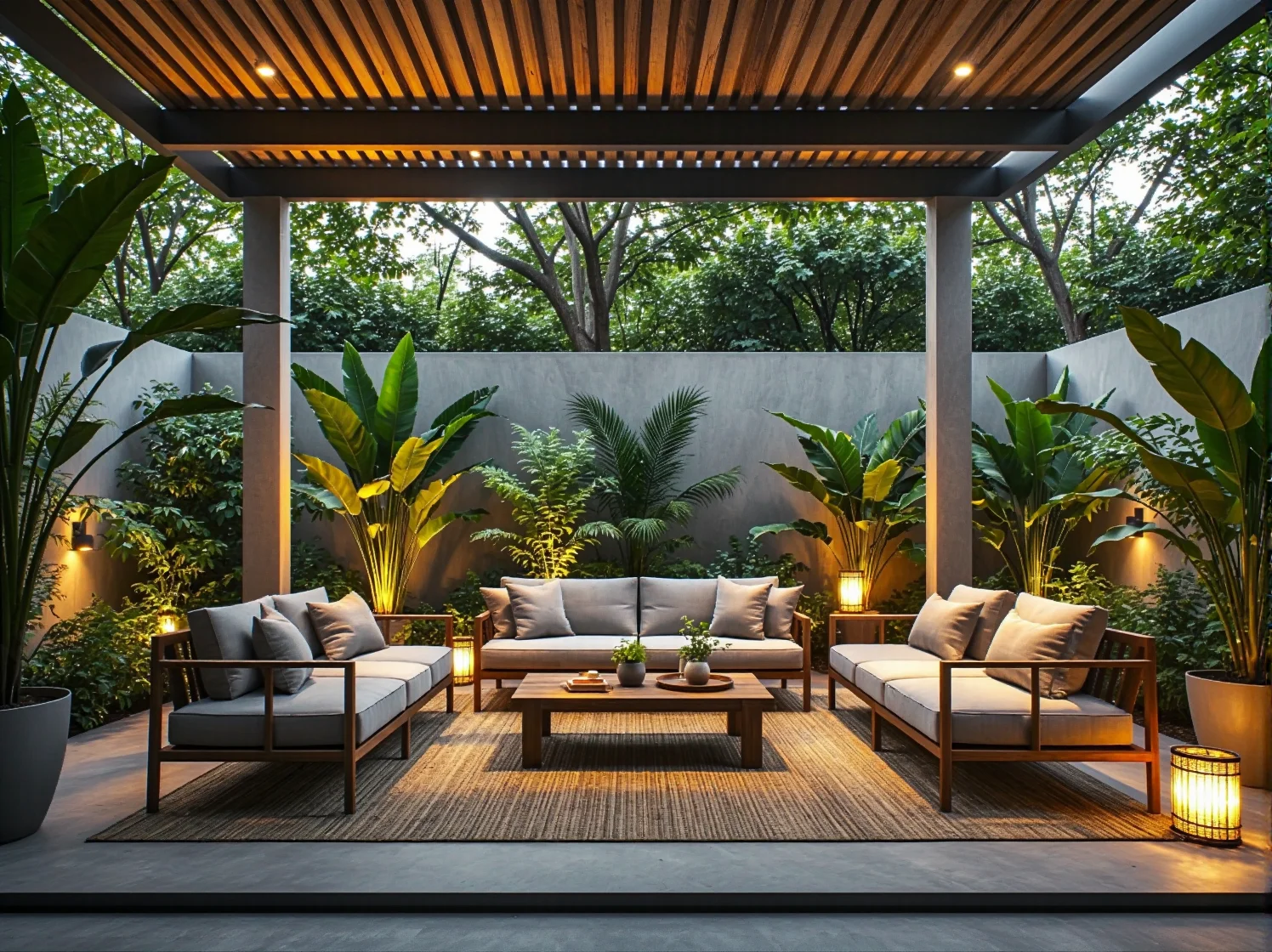 Girlandy świetlne nad meblami ogrodowymi w egzotycznym stylu tropikalnym.