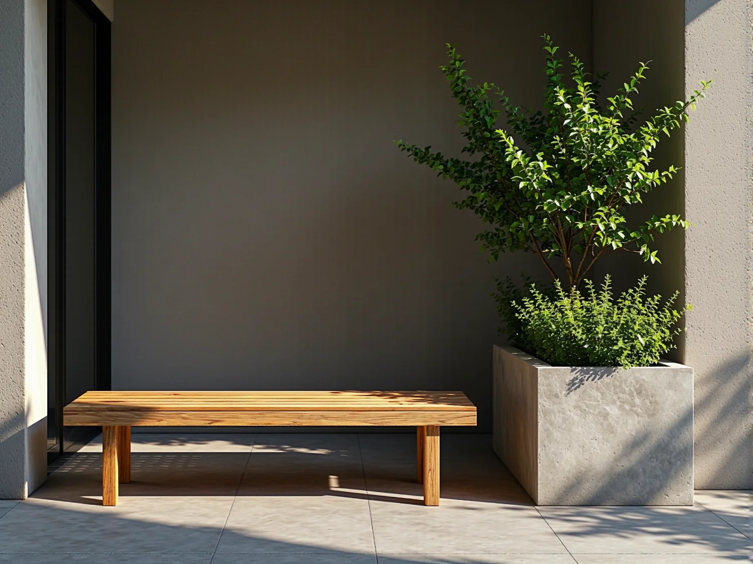 Harmonijna aranżacja tarasu z minimalistycznymi meblami ogrodowymi.