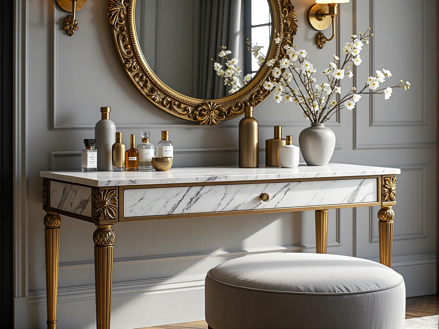 Hollywood Regency: złote akcenty, lustra i klasyczny design podkreślają blask stylu glamour.