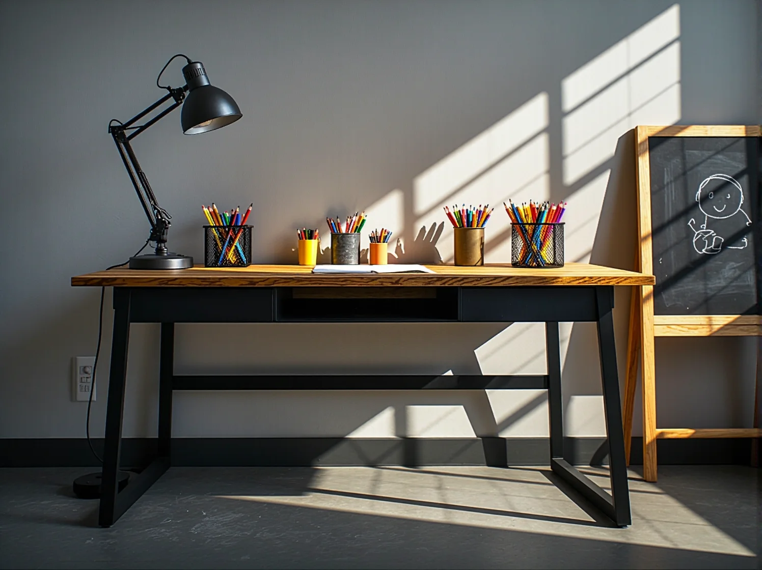 Funkcjonalne meble industrialne dla dziecka – metalowe łóżko i drewniane regały na tle szarej ściany.