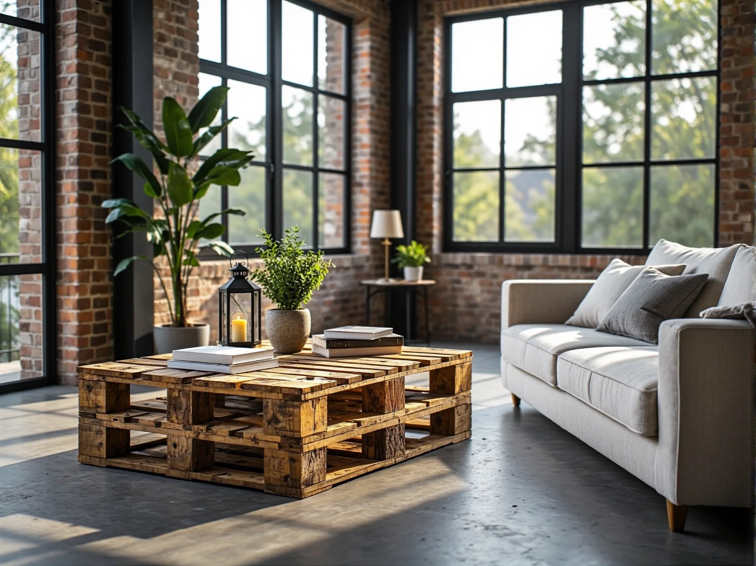 Nowoczesny stół z recyklingu i metalowe dodatki w industrialnym wnętrzu.