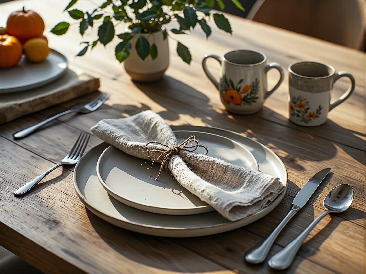 Jasna jadalnia w stylu boho z drewnianym stołem i plecionymi dodatkami, emanująca spokojem i harmonią.