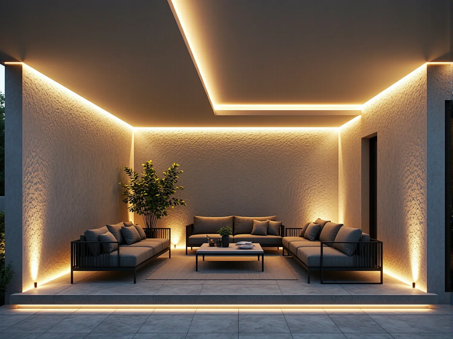 Subtelne punkty świetlne LED na tarasie glamour, tworzące luksusowy i przytulny klimat.