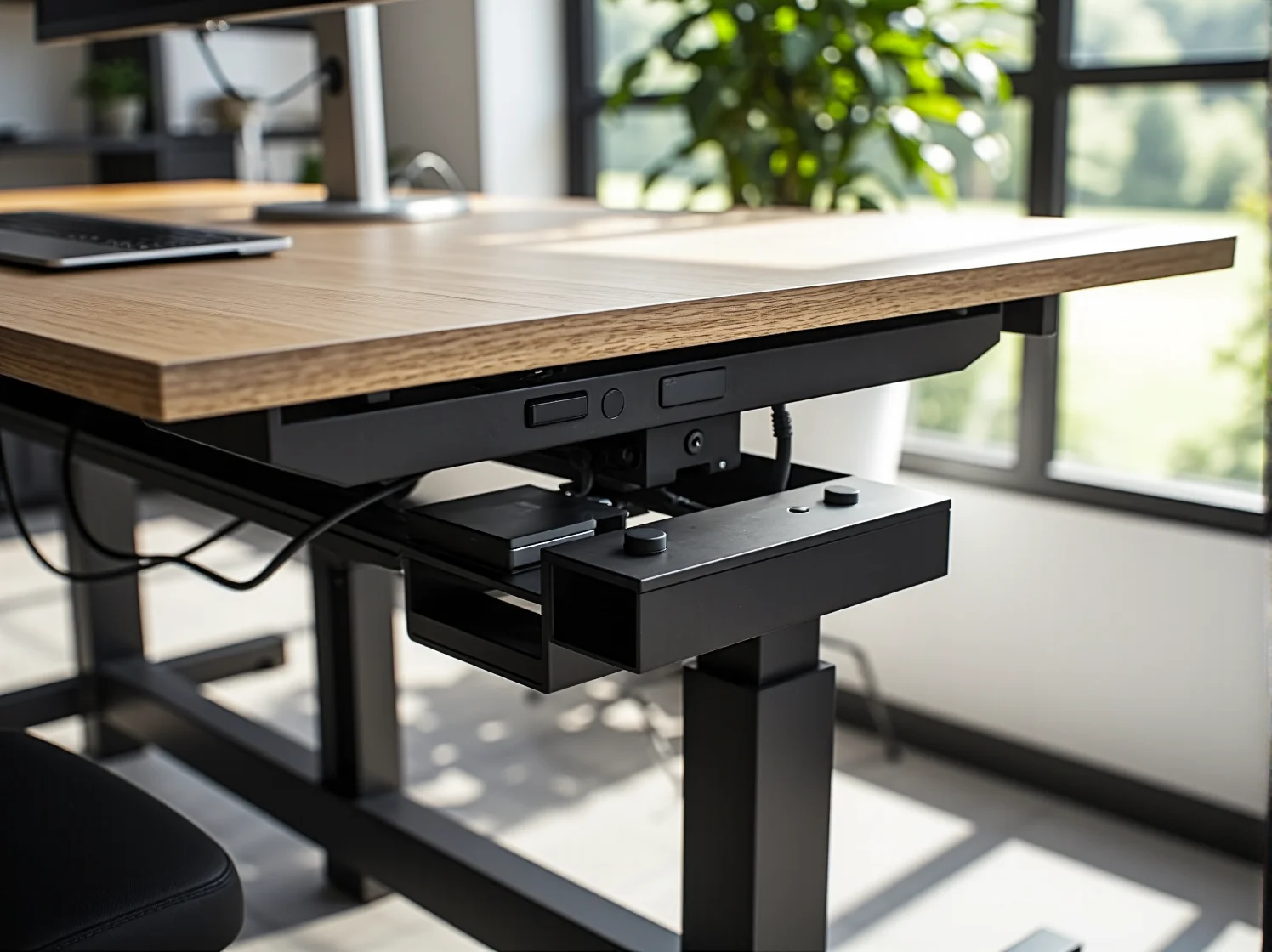 Zbliżenie na panel sterowania biurka elektrycznego, pokazujące łatwą regulację wysokości blatu.