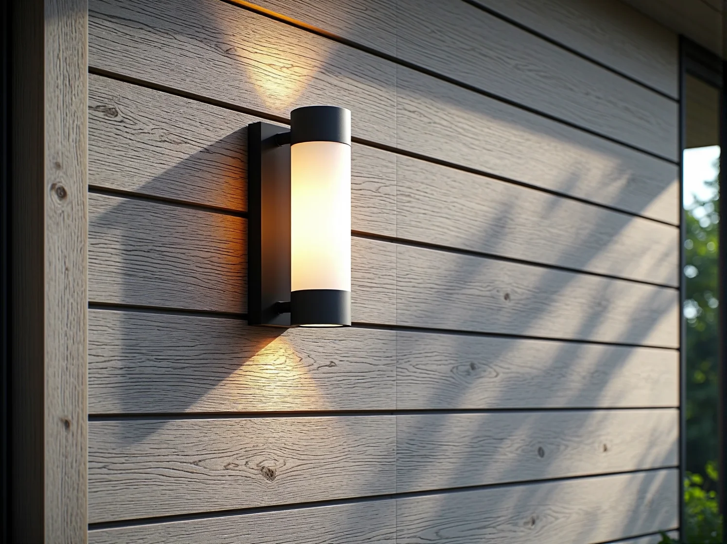 Kinkiet zewnętrzny w stylu industrialnym zamontowany na elewacji z naturalnego drewna.