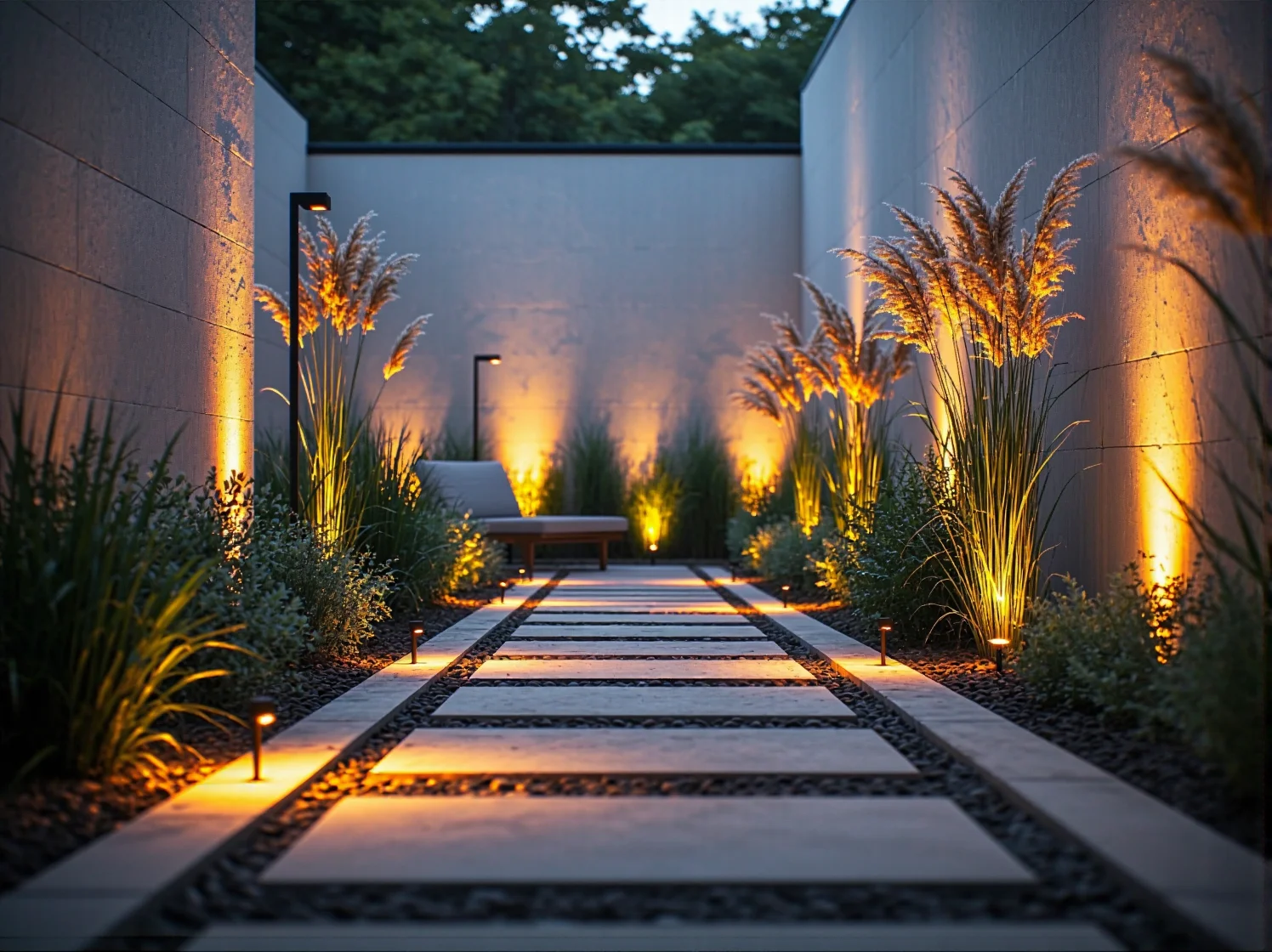 Klasyczne latarnie ogrodowe wzdłuż żwirowej alejki tworzące przytulny klimat w ogrodzie wieczorem.