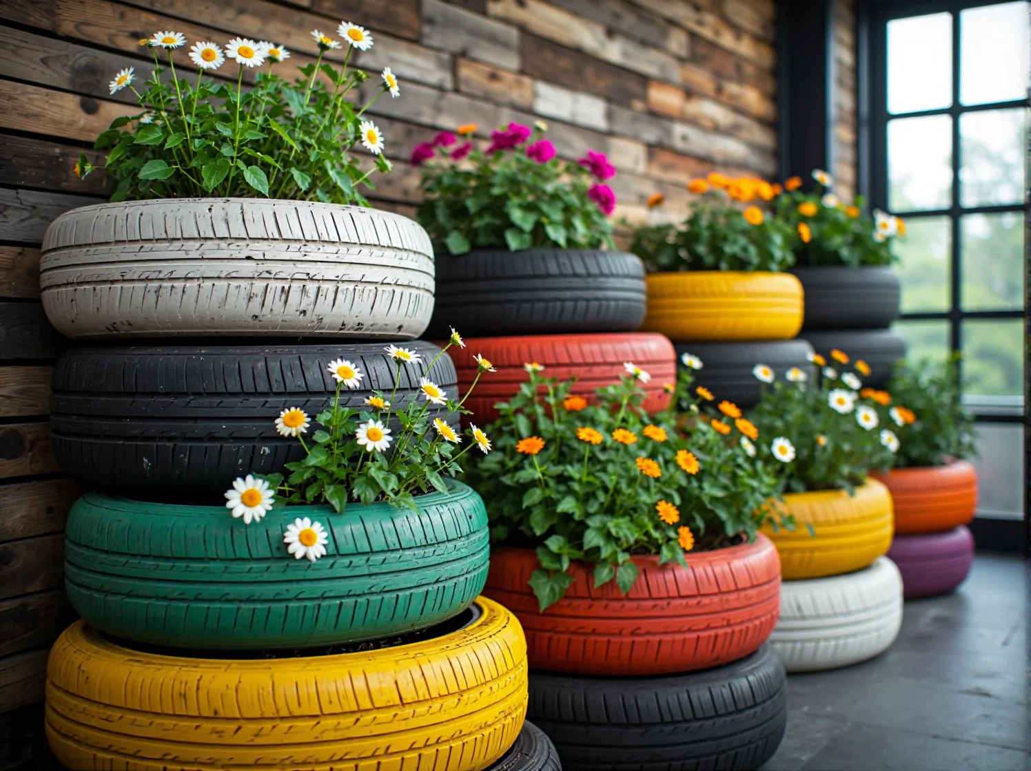 Kreatywne meble ogrodowe z odzyskanych materiałów. Kolorowe krzesła z opon i stolik z beczki.