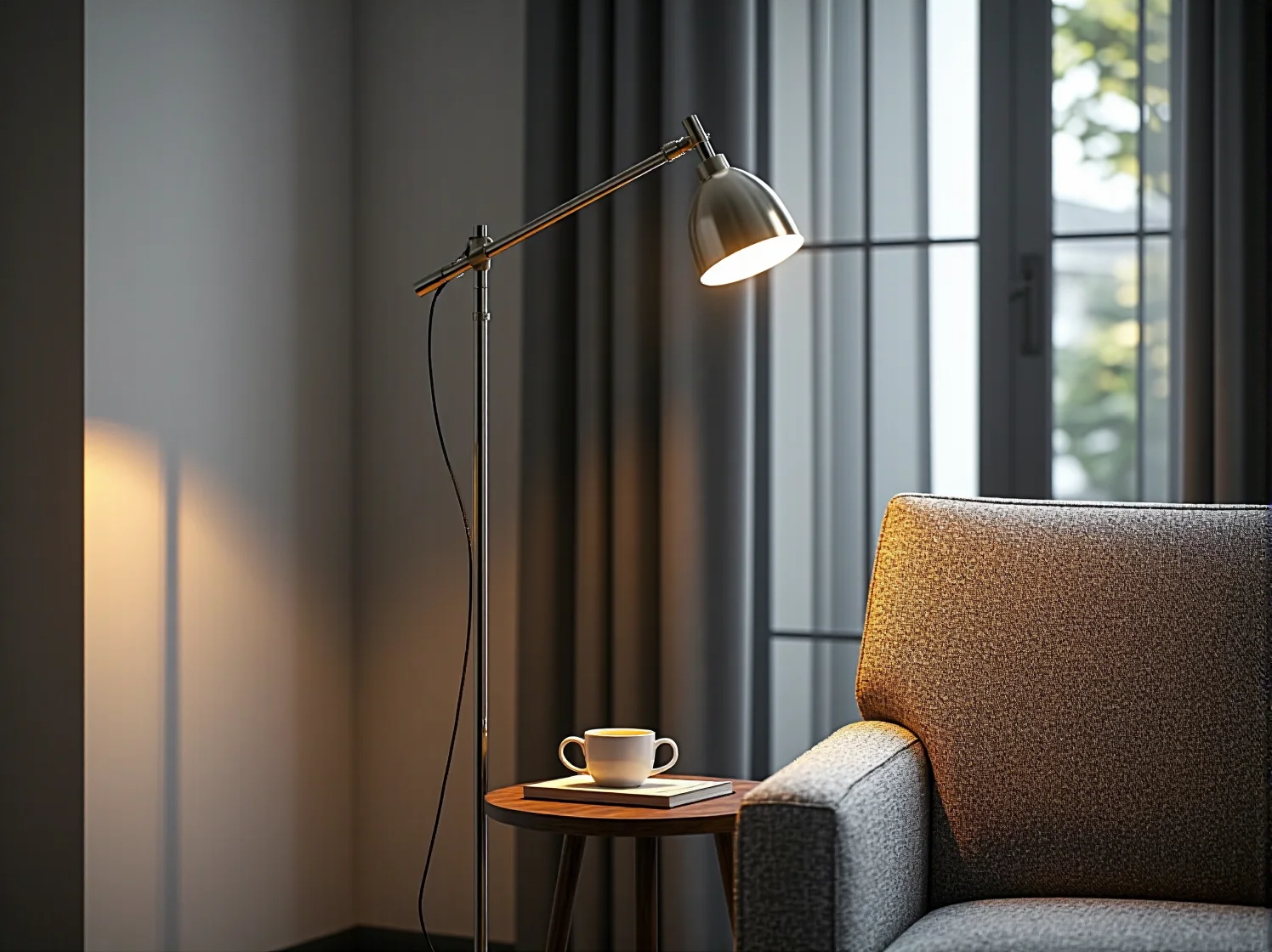 Designerska lampa podłogowa oświetlająca kącik do pracy w małym mieszkaniu.