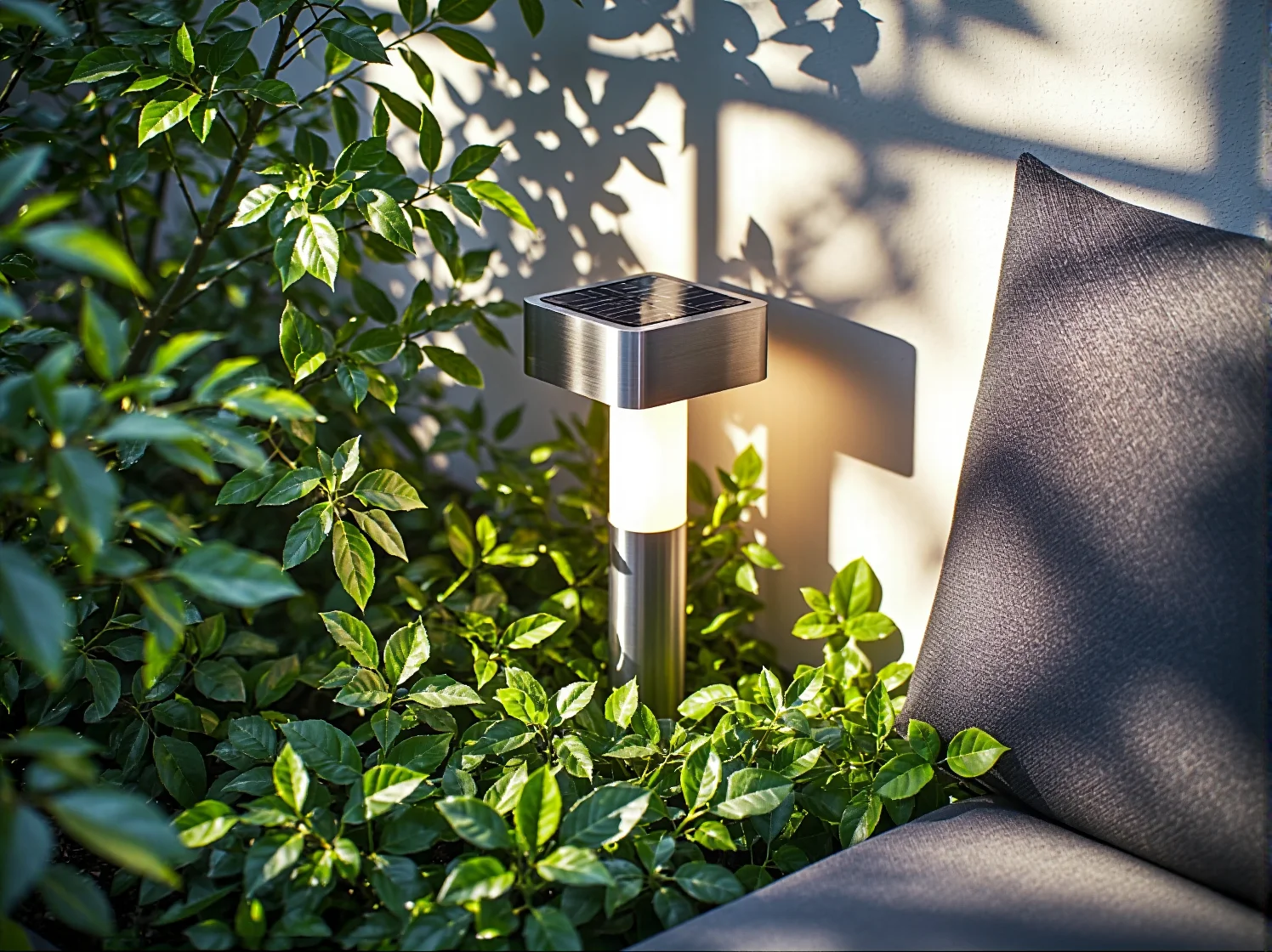 Lampa solarna z osobnym panelem umieszczona w zacienionym miejscu wśród krzewów.