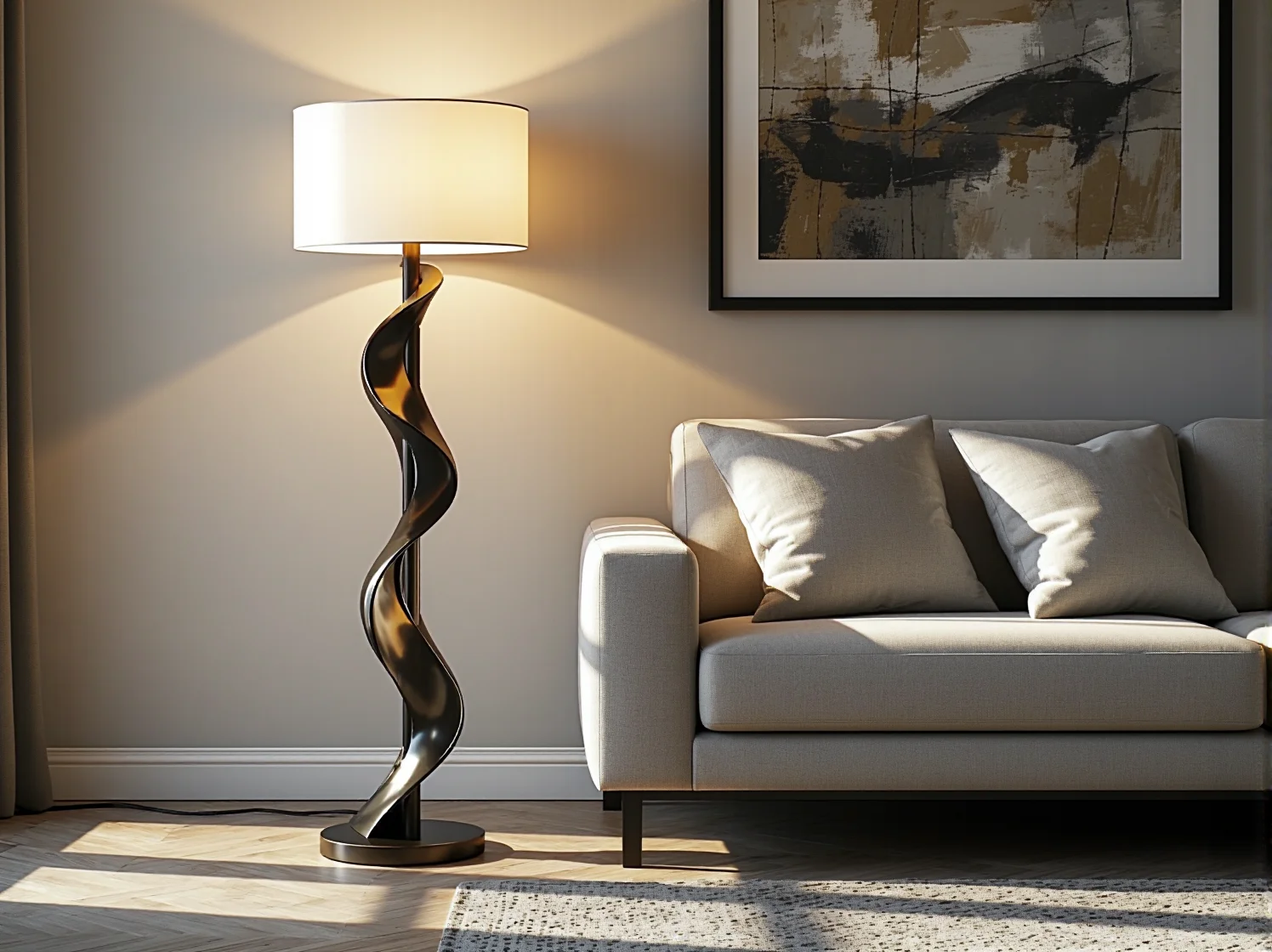 Lampa stojąca z łukiem ustawiona za sofą w celu oszczędności miejsca w salonie.