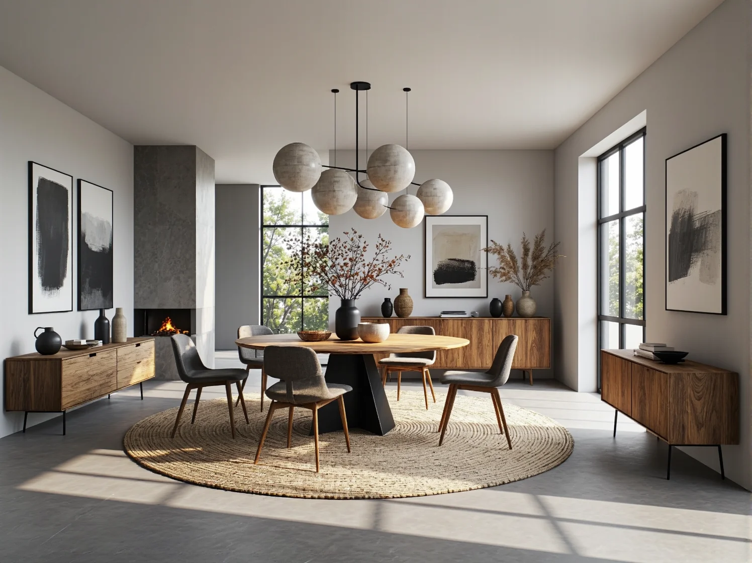 Okrągła lampa wisząca LED nad okrągłym stołem w nowoczesnej, jasnej jadalni.