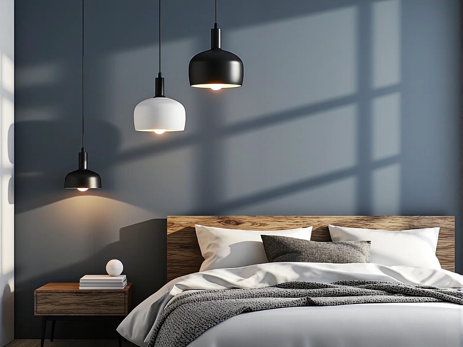 Zwisająca lampa nad stołem w niskiej jadalni - optymalna wysokość zawieszenia.